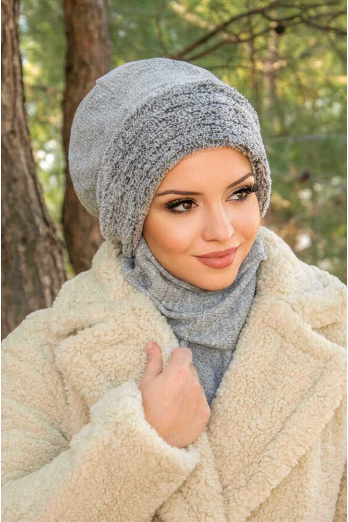 Aişe tesettür-Gray Corded Fur Accessory Hijab Beanie 3