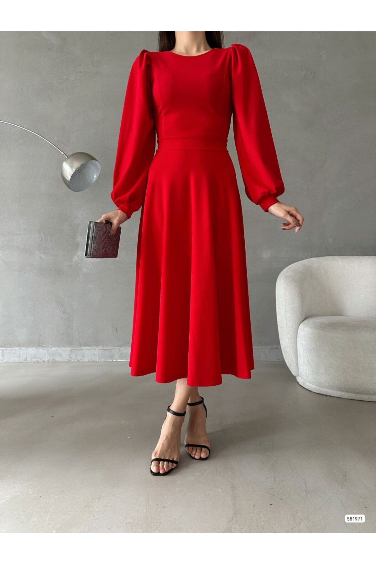 Laren-Imported crepe fabric long sleeve flared evening dress 1