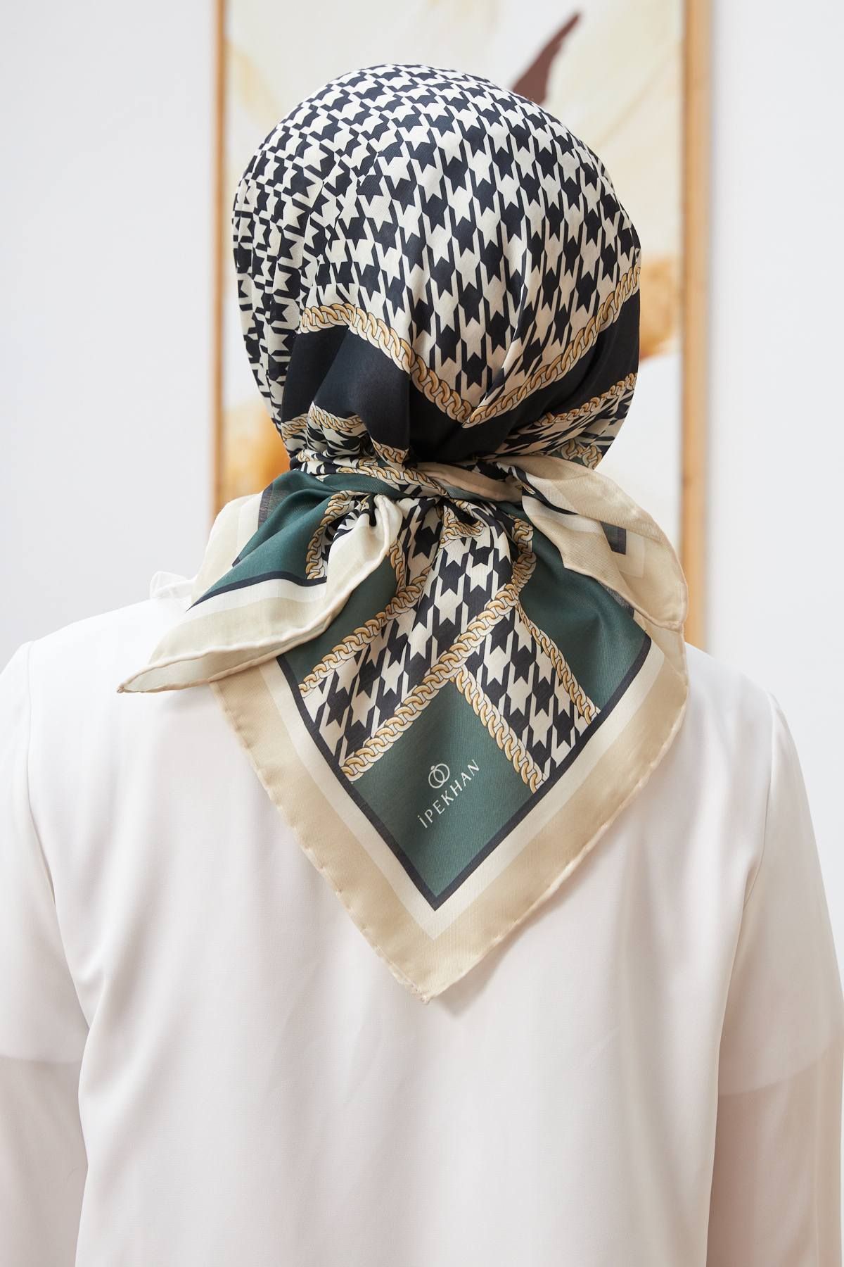 İpekhan-Mint GrEEn Cotton ViscosE Scarf - Silk Houndstooth SEriEs 1129-03 4