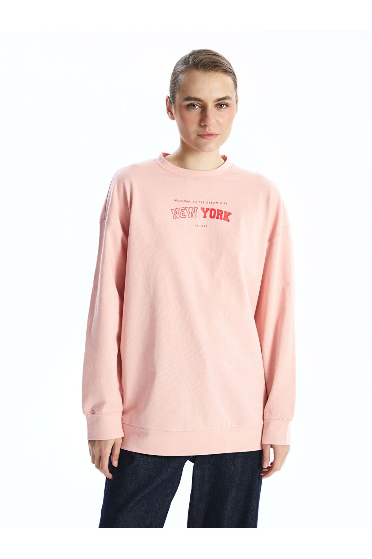 LC Waikiki Bisiklet Yaka Baskılı Oversize Kadın Sweatshirt Tunik