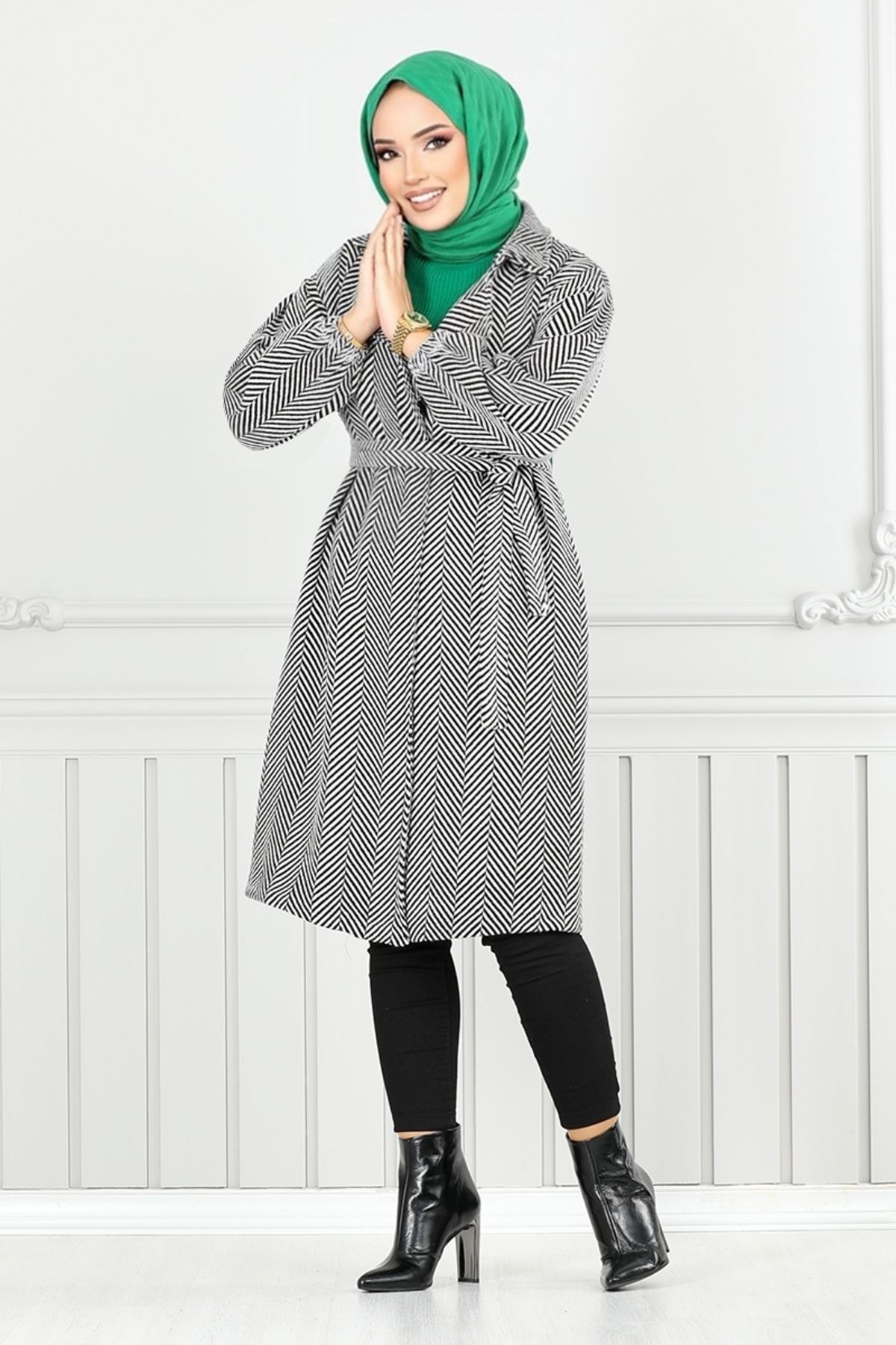 ModaMerve-Herringbone Patterned Striped Coat - 211Evo1065-M, Ecru 3