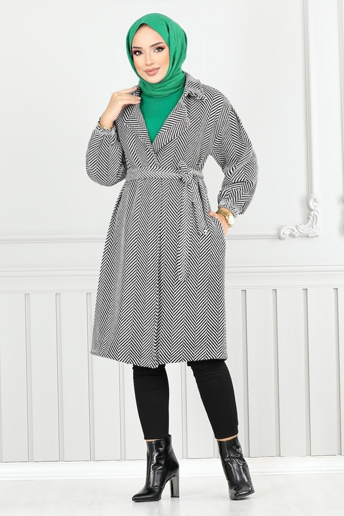 ModaMerve-Herringbone Patterned Striped Coat - 211Evo1065-M, Ecru 2