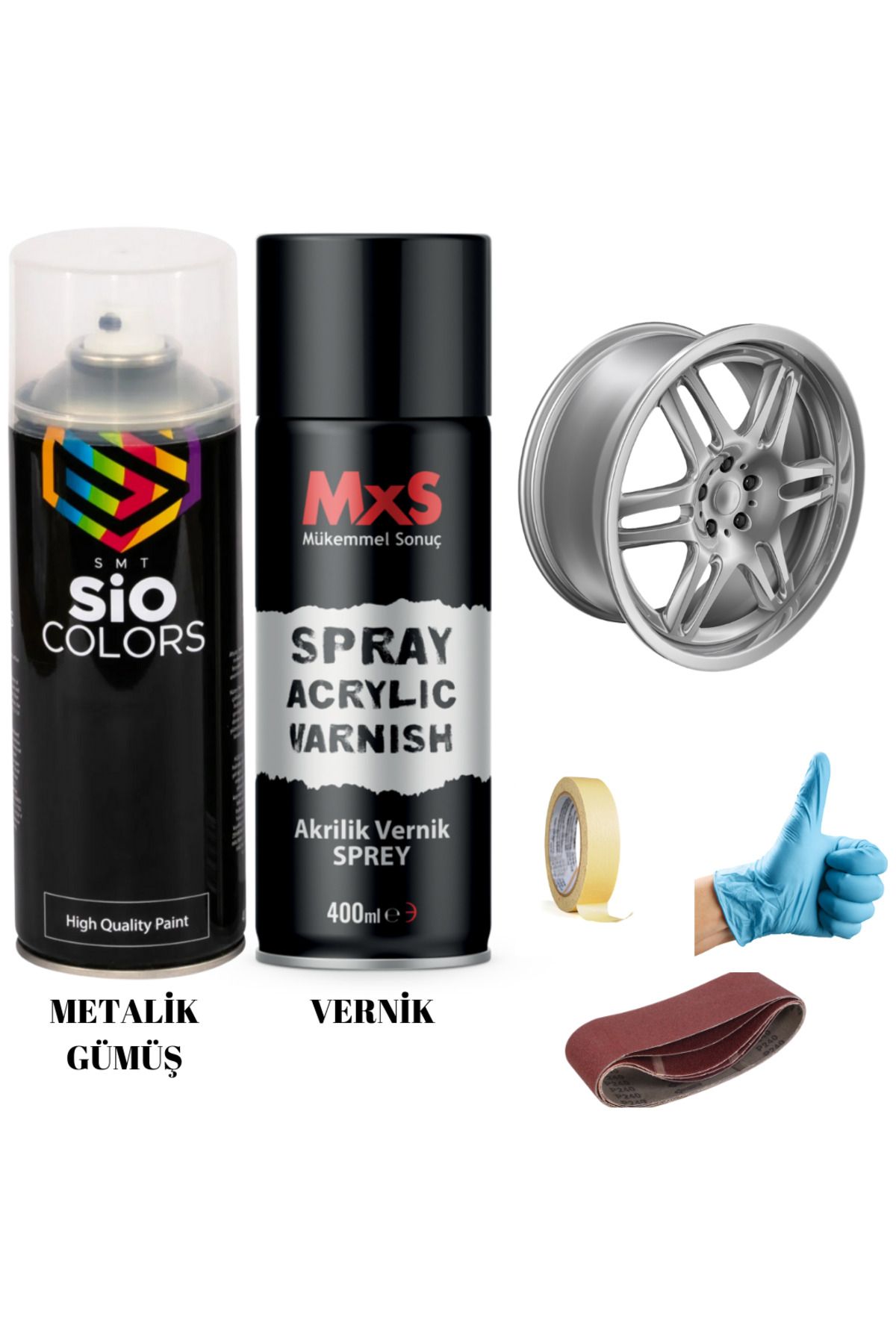 sıocolors JANT+SPOLİER METALİK GÜMÜŞ + AKRİLİK VERNİK SPREY BOYA 400 ML + ZIMPARA+KAĞITBAND+ELDİVEN