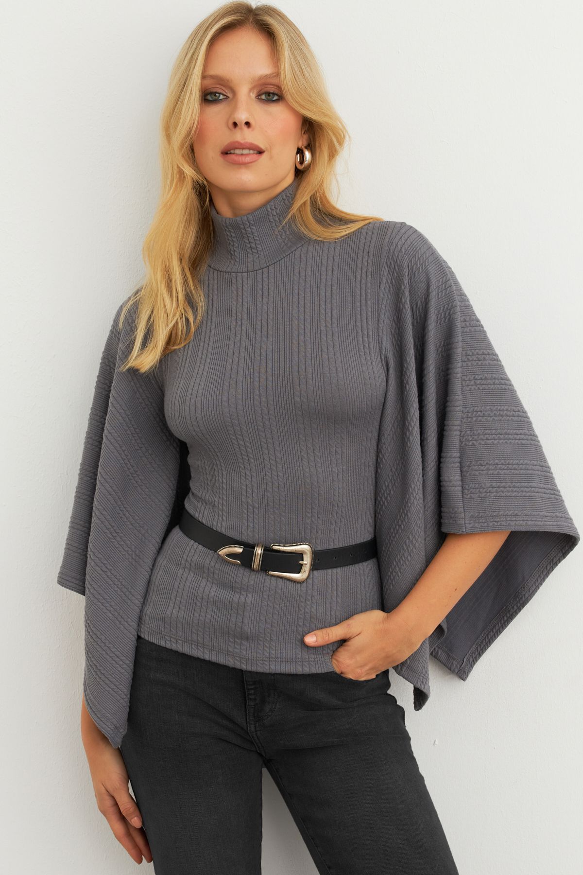 Cool & Modest-Anthrazit Fisherman Fledermausärmel Damenbluse – MTF32 5