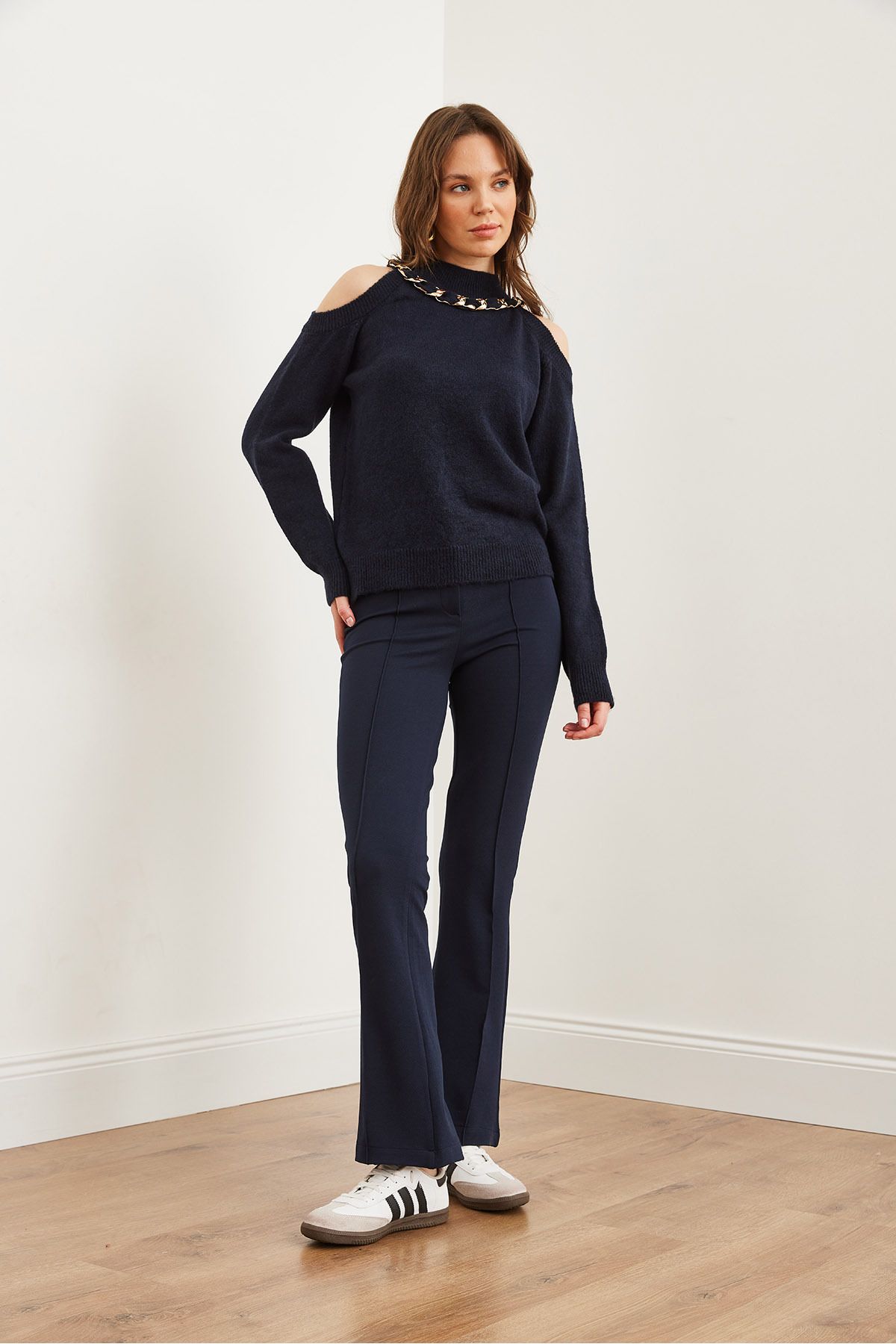 Olalook-Pantaloni elastici cu cusătură în față, albastru bleumarin, cu un singur nasture PNT- 19000310 2
