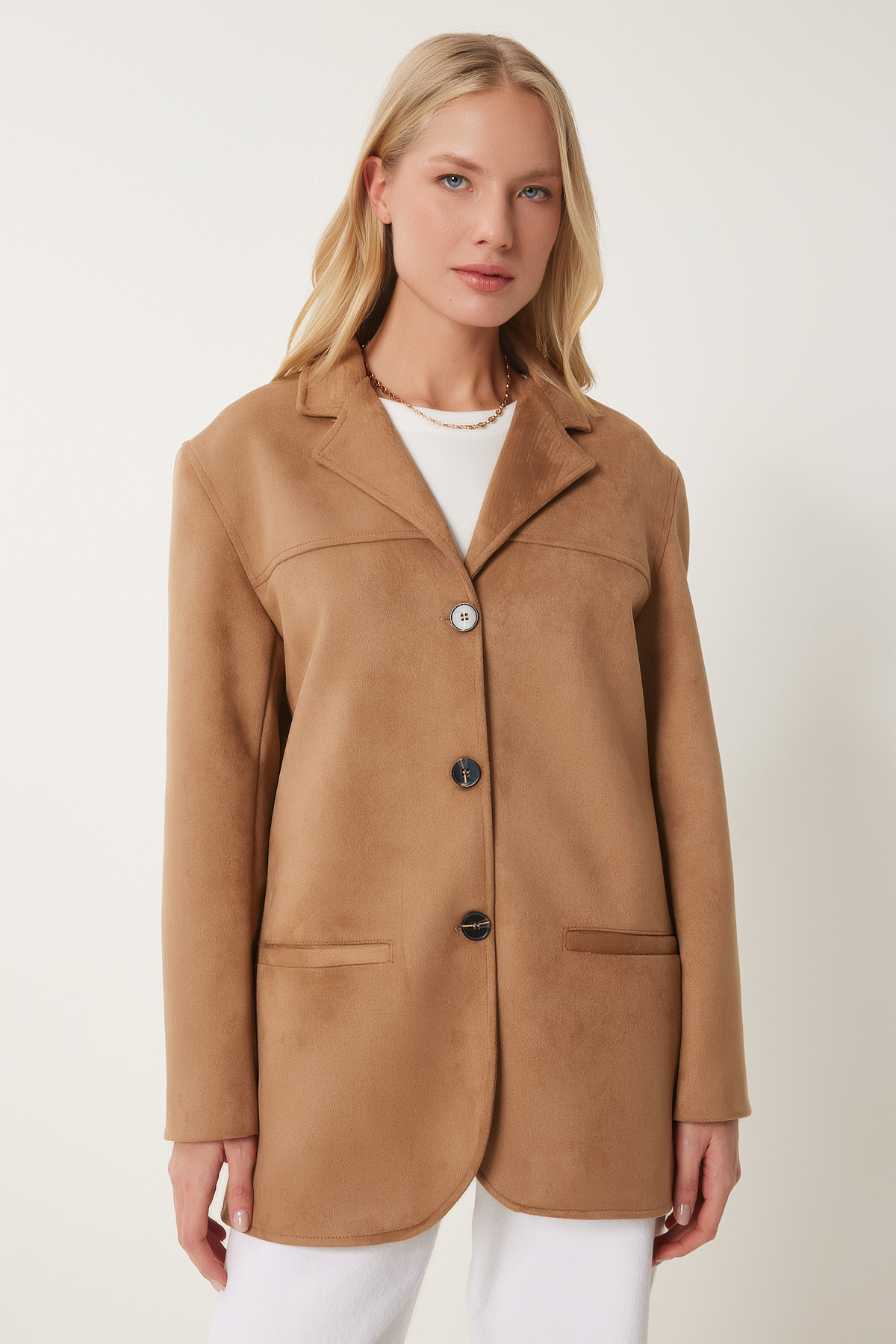 Happiness İstanbul  Kadın Vizon Premium Süet Ceket FK00012 - Görsel 3