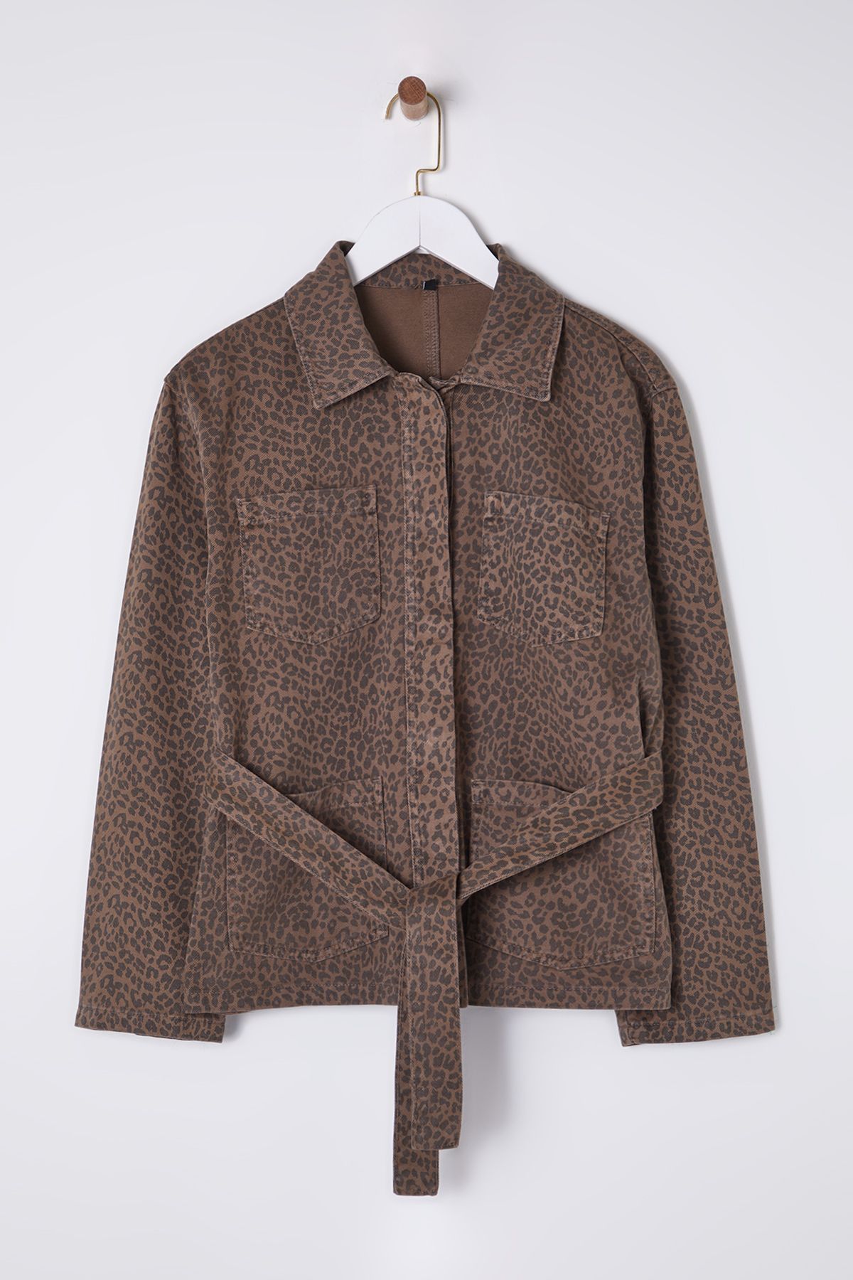 Trendyol Collection-Multicolor Leopard Print Belted Brown Denim Jacket Twoss25Ce00027 6
