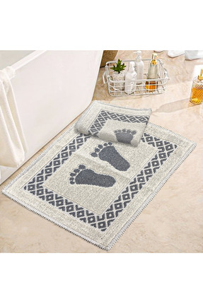 Teksev Soffy Pamuk Krem & Gri 2'li Banyo Paspası %100 Pamuklu Ayak Paspası Ha...