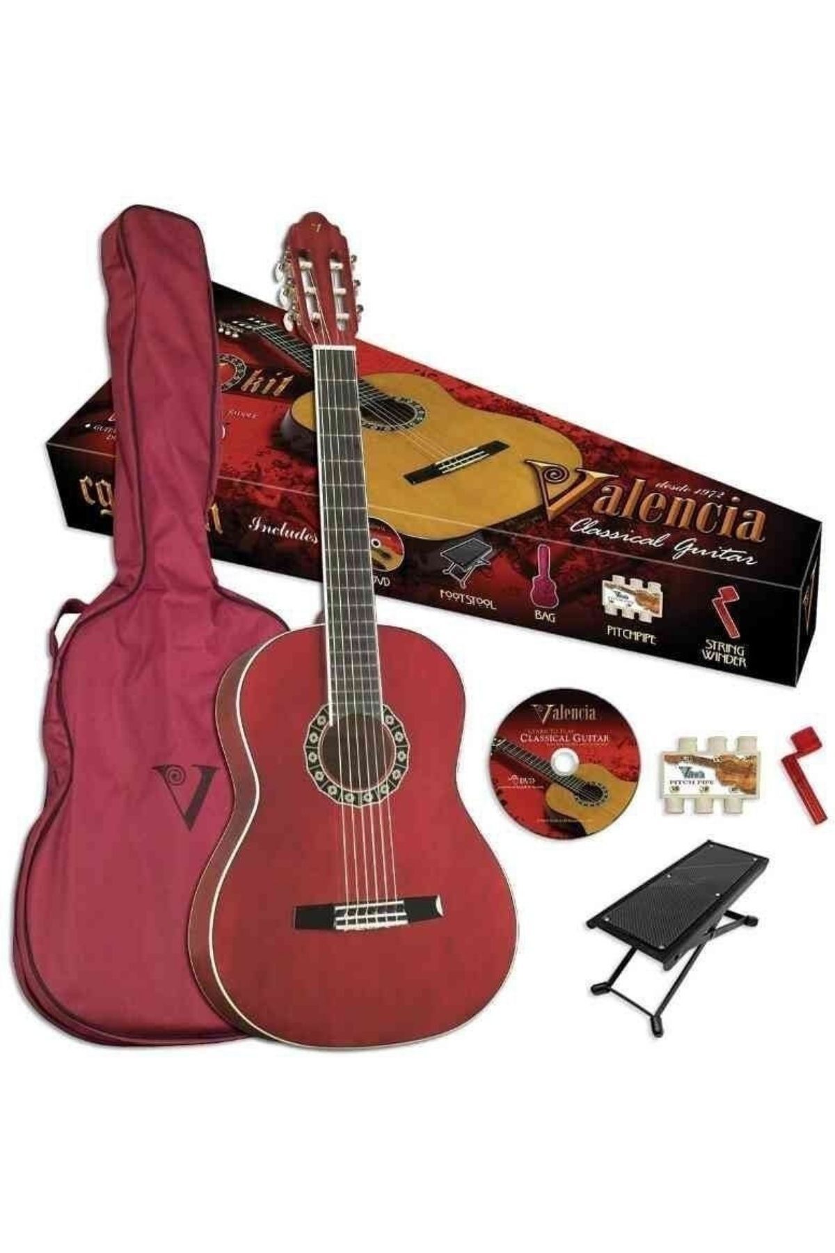 VALENCIA Klasik Gitar Set 4/4 (Ayak Sehpası-Kılıf- Düdük-Tel Sarıcı)