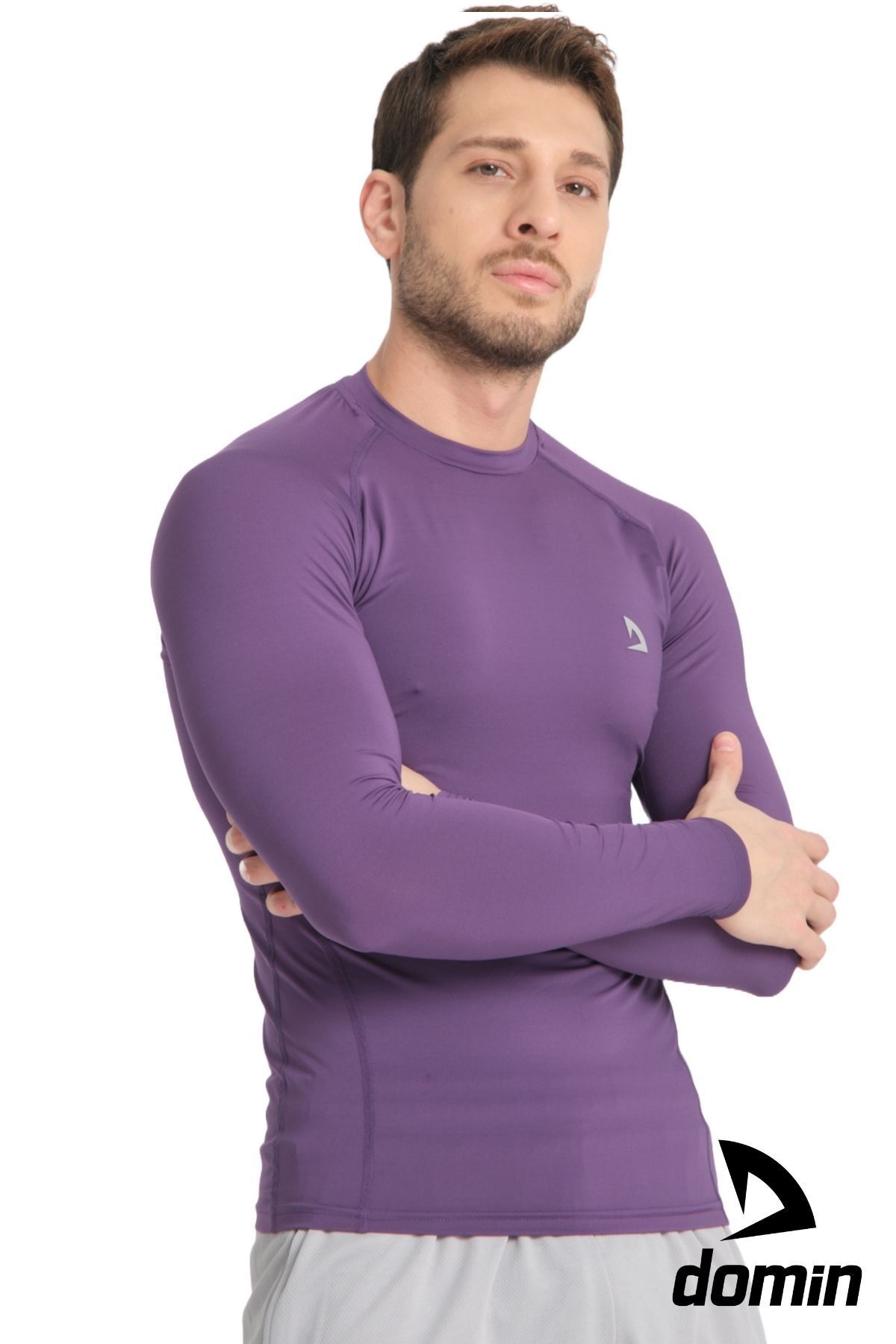 DOMİN SPOR Erkek Uzun Kollu Mor Ter Tutmaz Fit Compression Spor Body Tshirt DMN1453797995