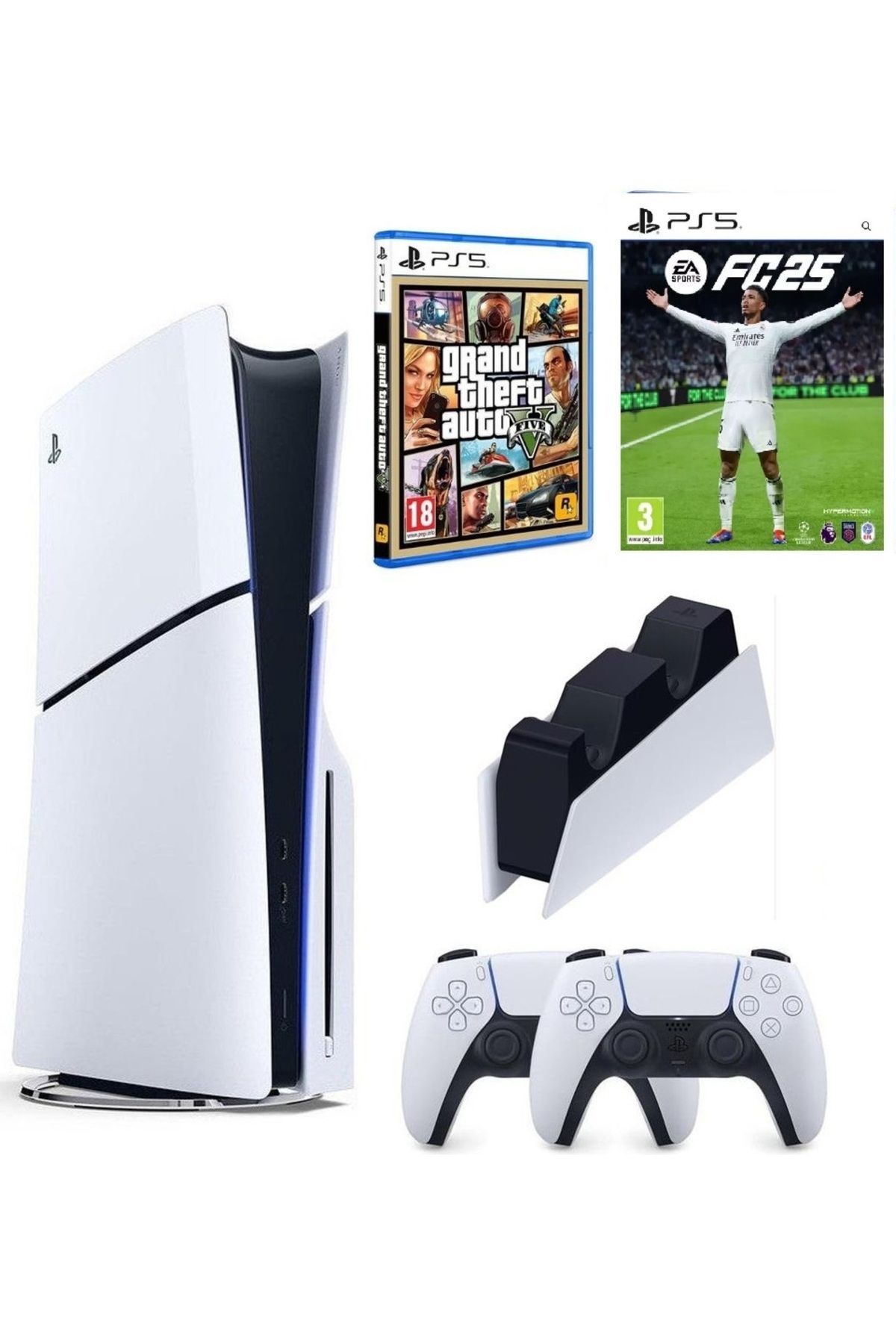 Sony Playstation 5 slim + 2.kol dualsense + Şarj istasyonu + PS5 GTA 5 + Ps5 FC25