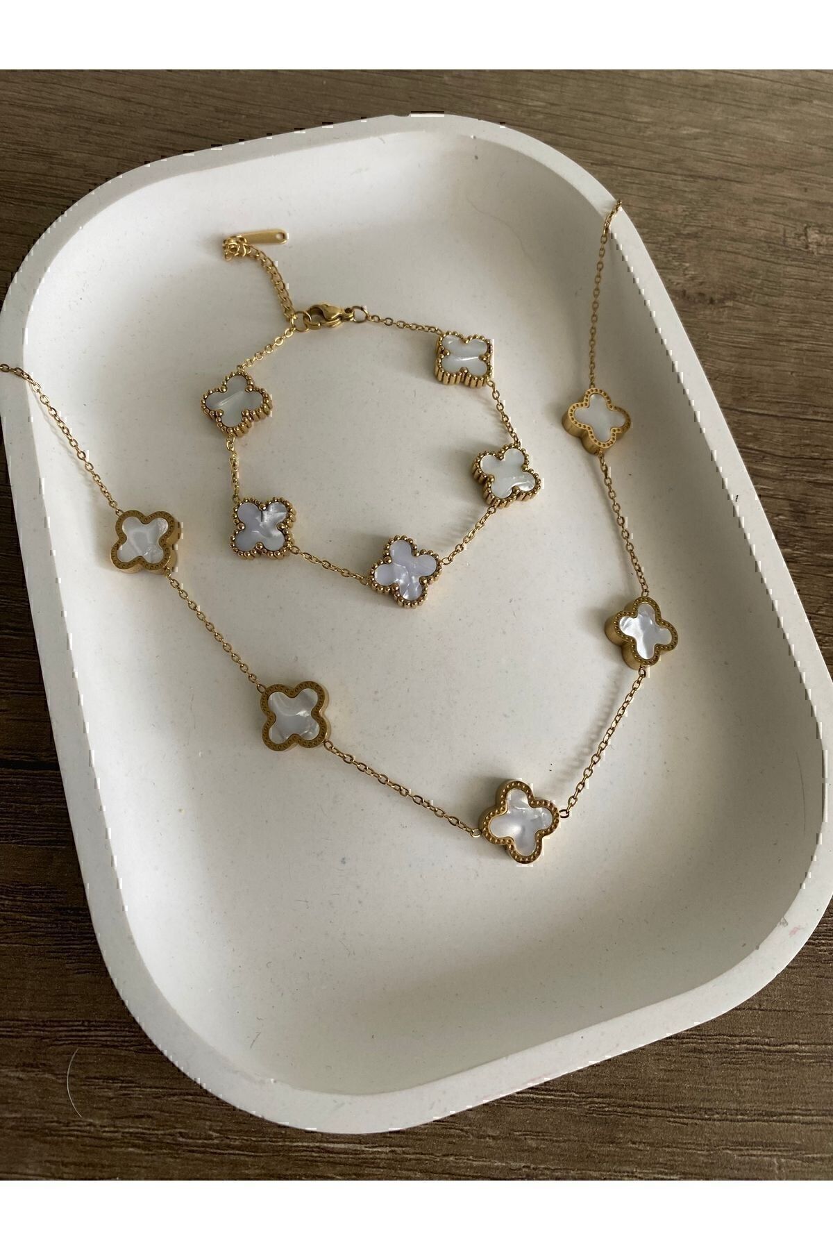 JEWELRY Bileklik BEyaz Altın Kolye Yonca Set Renk