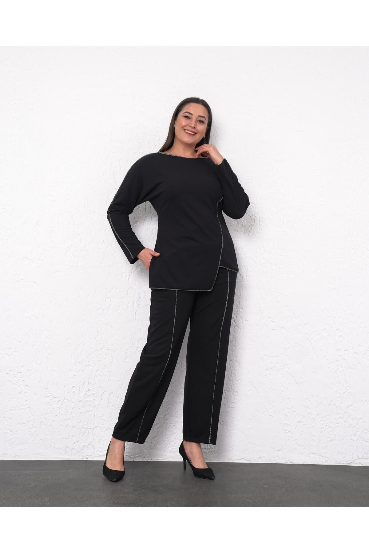 Butik Nilyam-Bluză cu dungi cu sclipici pentru damă, mărime mare, cu decolteu triplu, cu pantaloni elastici, costum de seară 24514 6