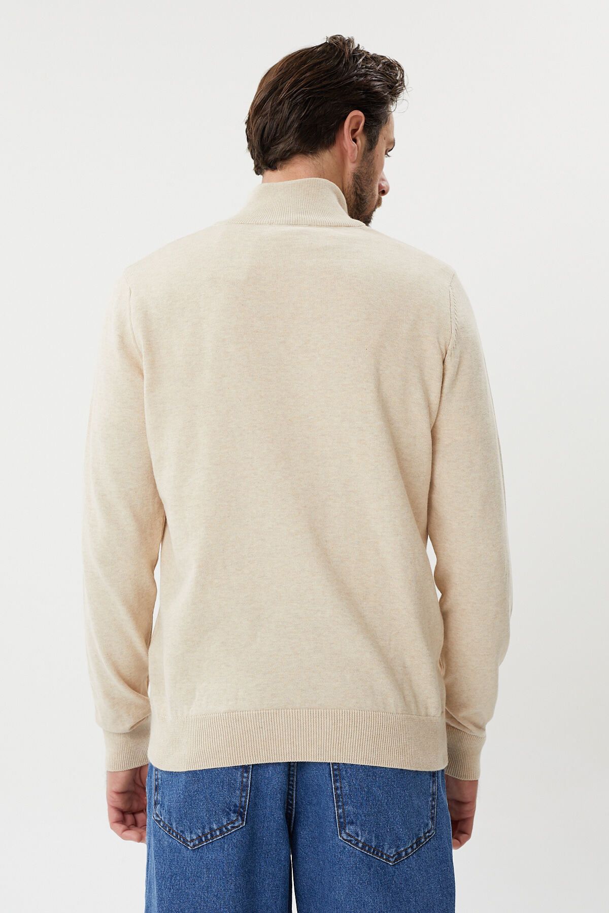 hateko-100% Cotton Beige Half Zippered Stand Collar Knitwear Sweater 4