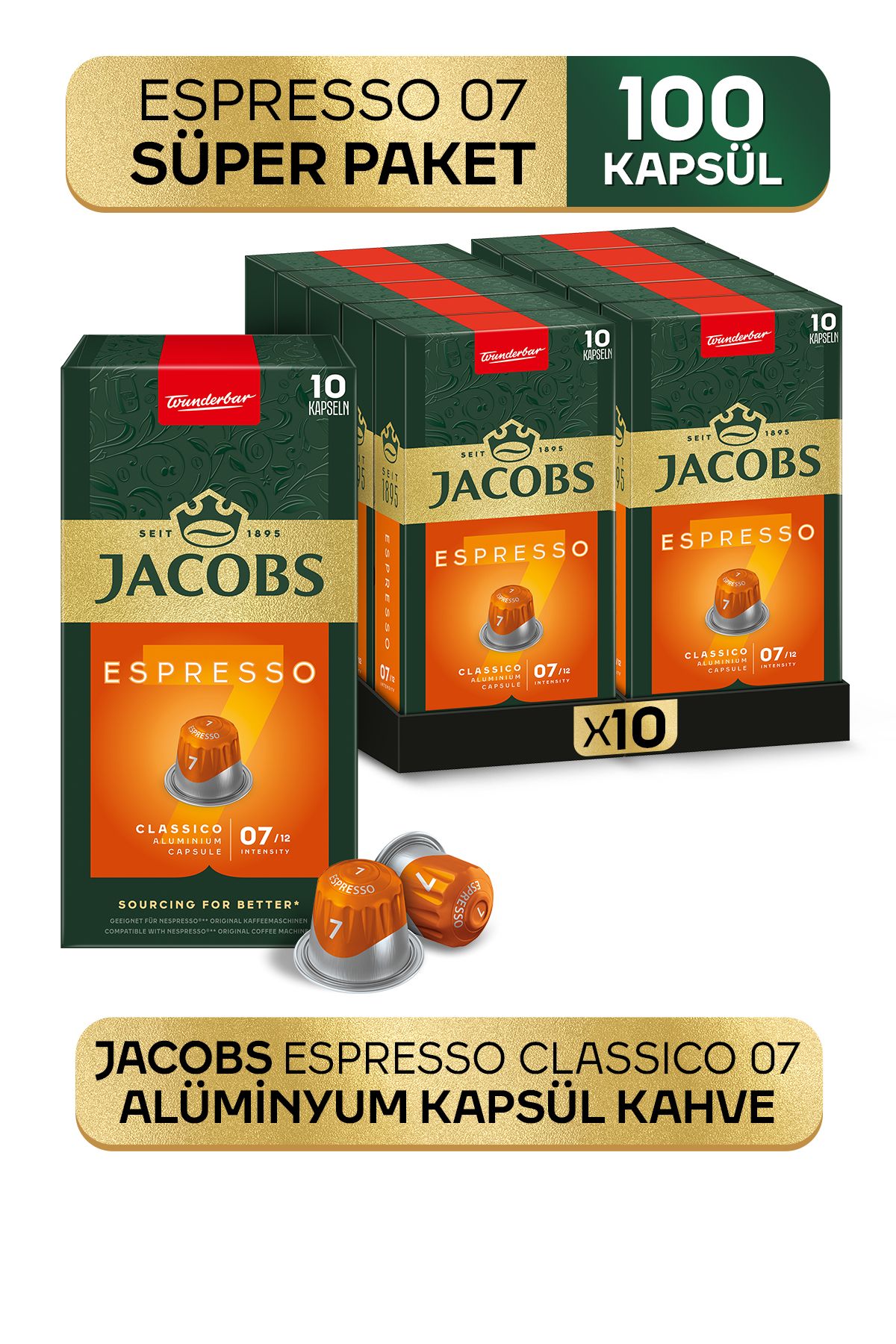 Jacobs Espresso 7 Classico Nespresso Uyumlu Alüminyum Kapsül Kahve 10 Adet X 10 Paket