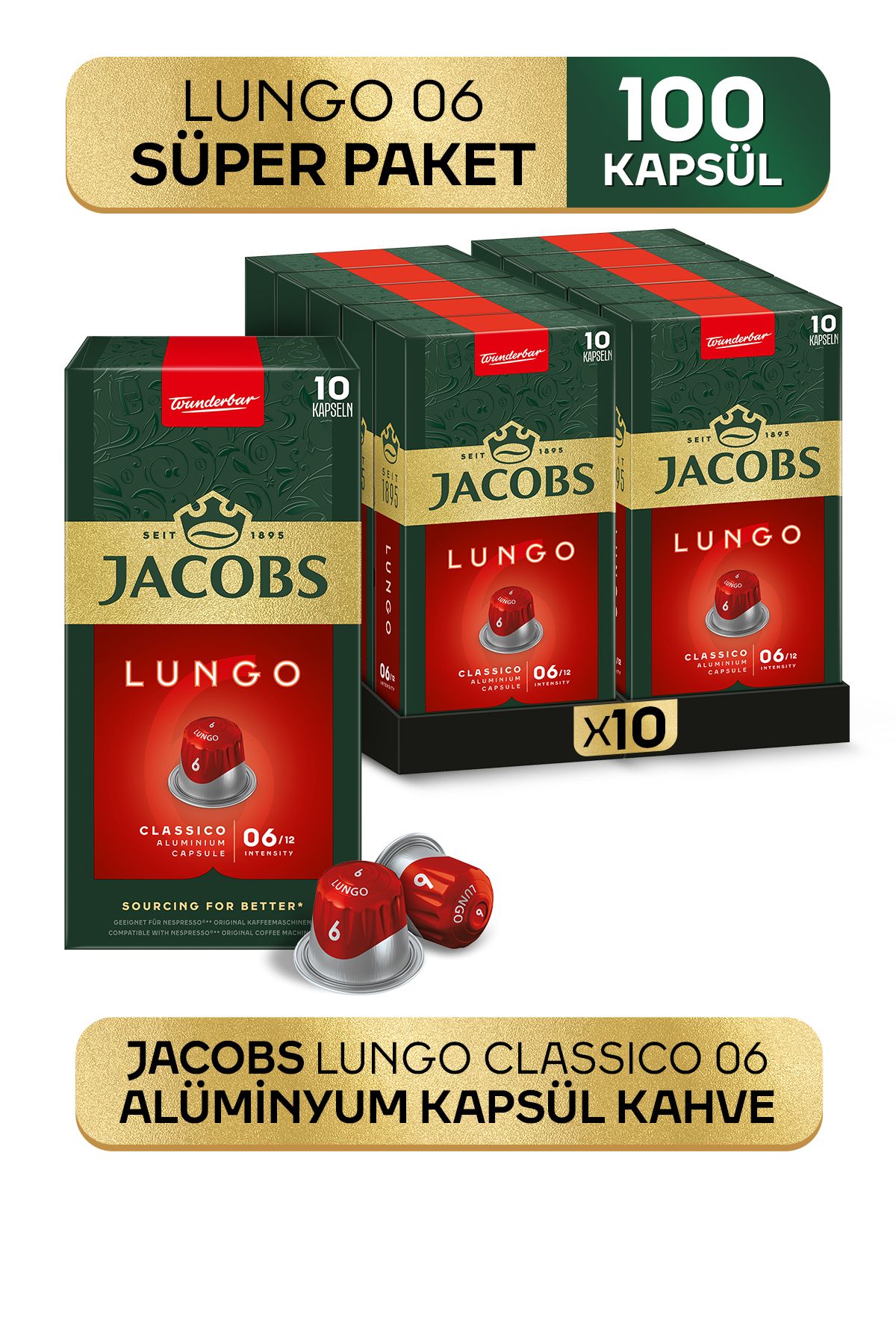 Jacobs Lungo 6 Classic Nespresso Uyumlu Alüminyum Kapsül Kahve 10 Adet X 10 Paket