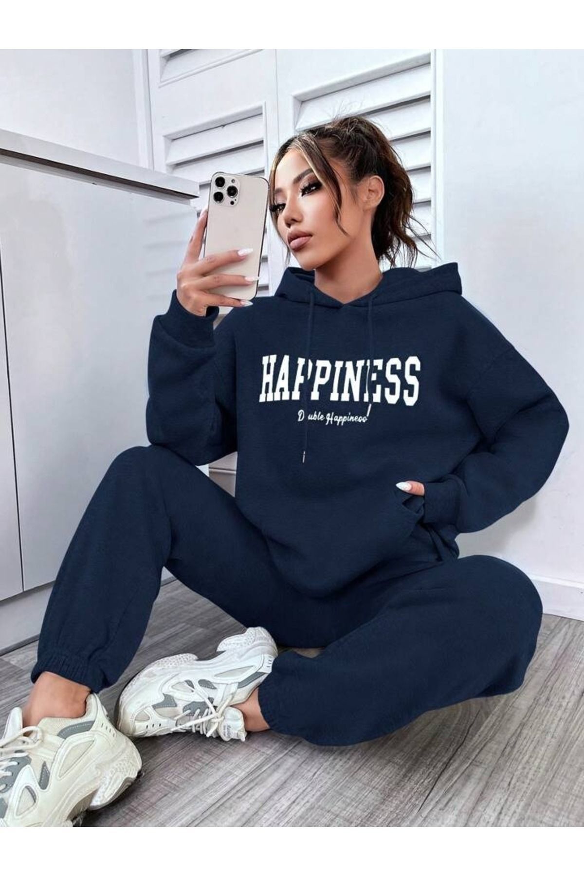 Demacia-Navy Blue Happiness Printed Women's Tracksuit Set - Hooded 1