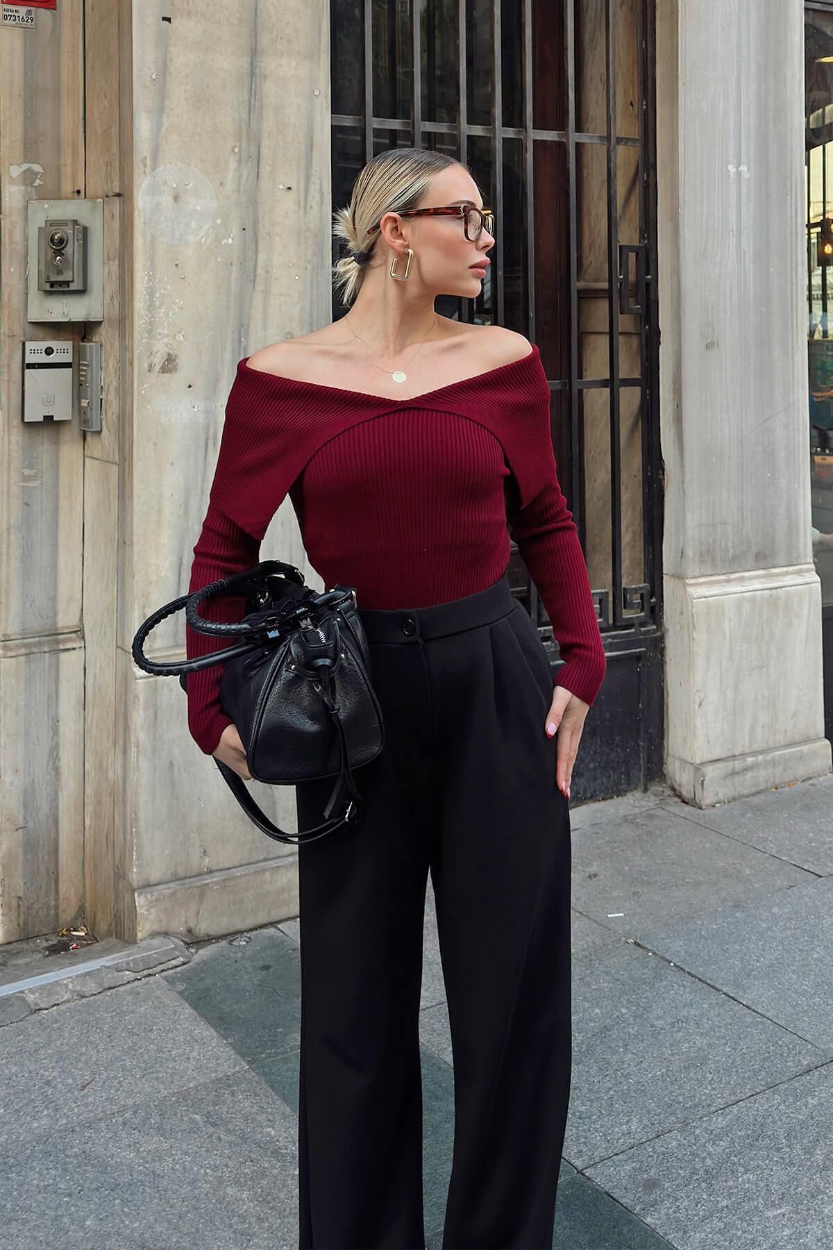 Swist-Burgundy Adria Degaje Collar Off-The-Shoulder Women's Knitwear Sweater 2