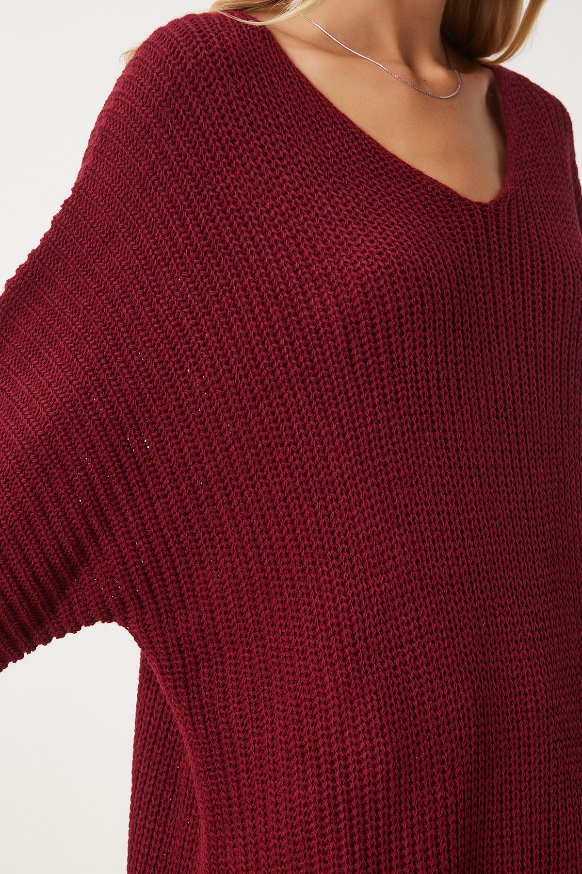 Lovelyİstanbul-V-Neck Thessaloniki Knit Oversize Knitwear Sweater Bordo Lza0007 4