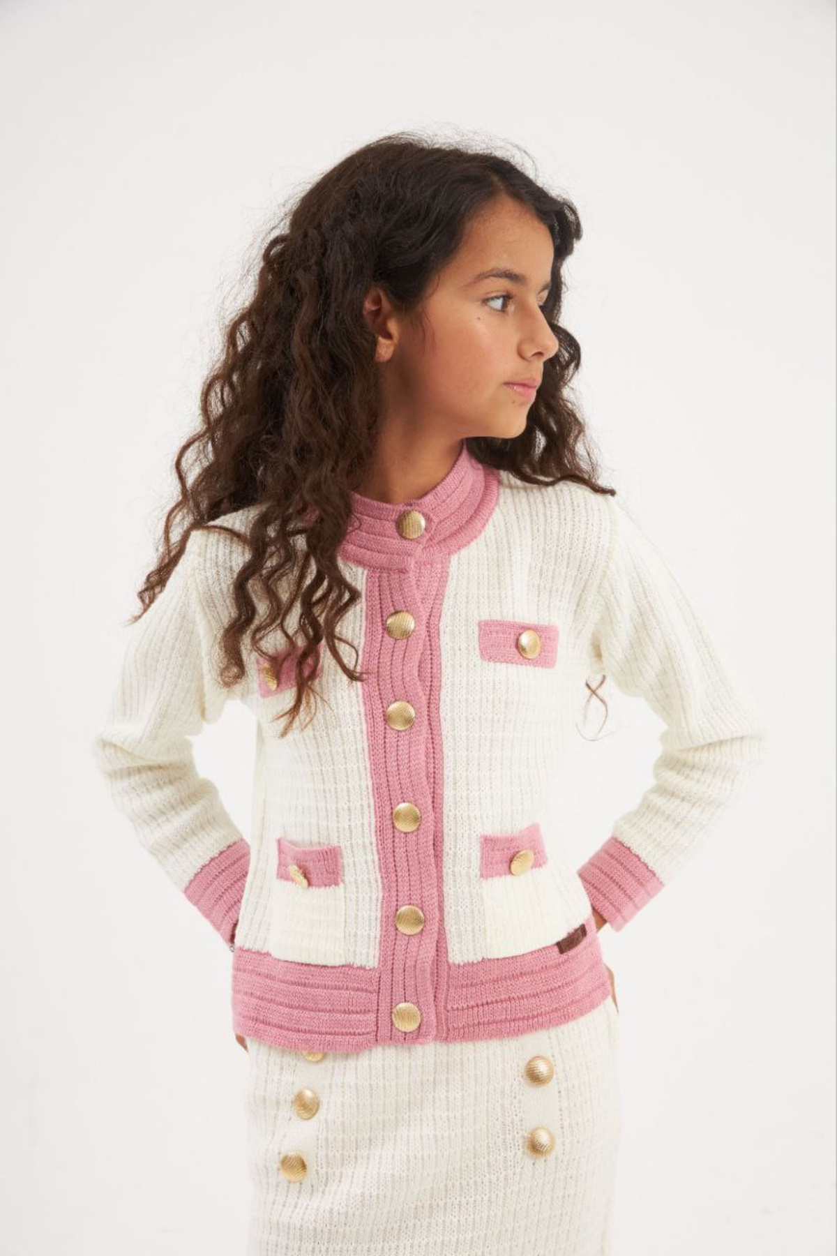 Hilal Akıncı Kids-Markasensinkids Gold Buttoned Skirt Pocket Style Design Knitwear Set 5