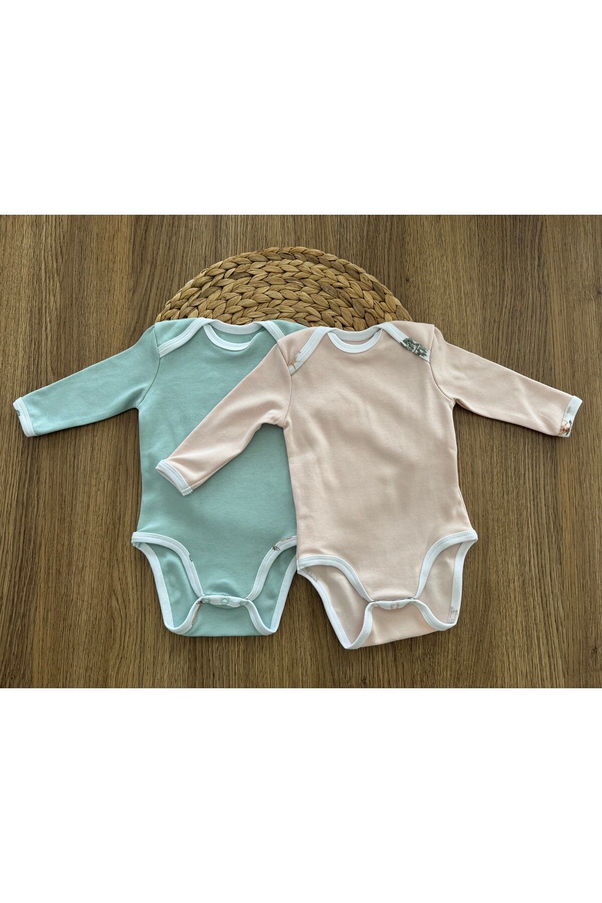 Calico Pudra Pembe & Mint Yeşili Uzun Kollu Organik 2'li Body / Zıbın Set