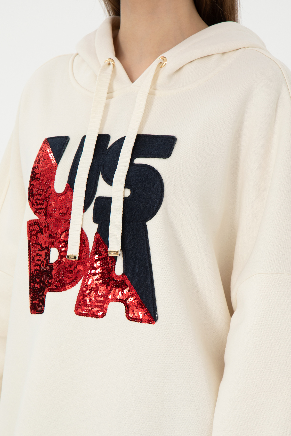 U.S. Polo Assn. Kadın Krem Kapüşonlu Sweatshirt 50292353-VR071 görsel 7