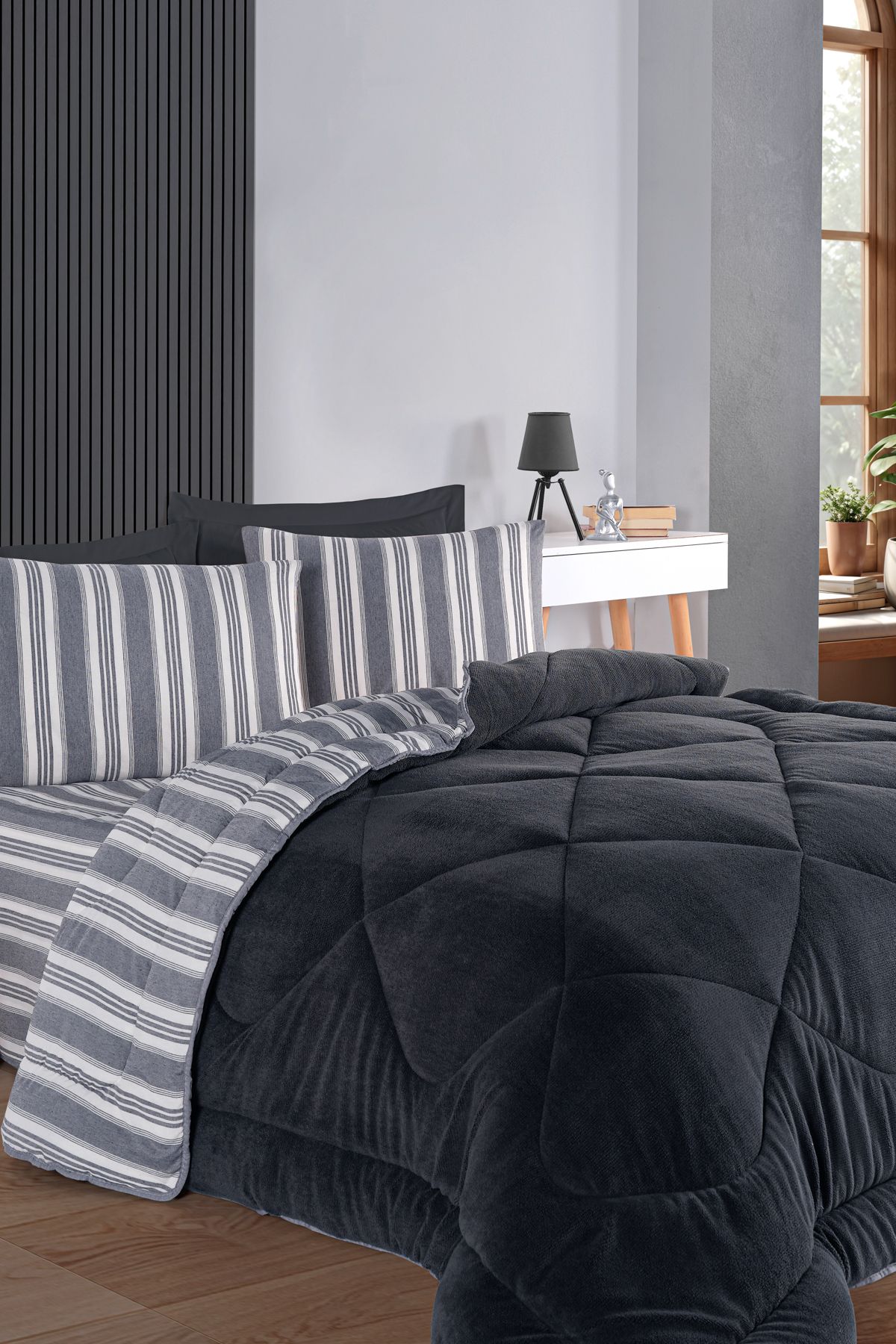 Çift Kişilik Uyku Seti Wellsoft Yorganlı Pofuduk 4 Parça Soft Line Antrasit - 5