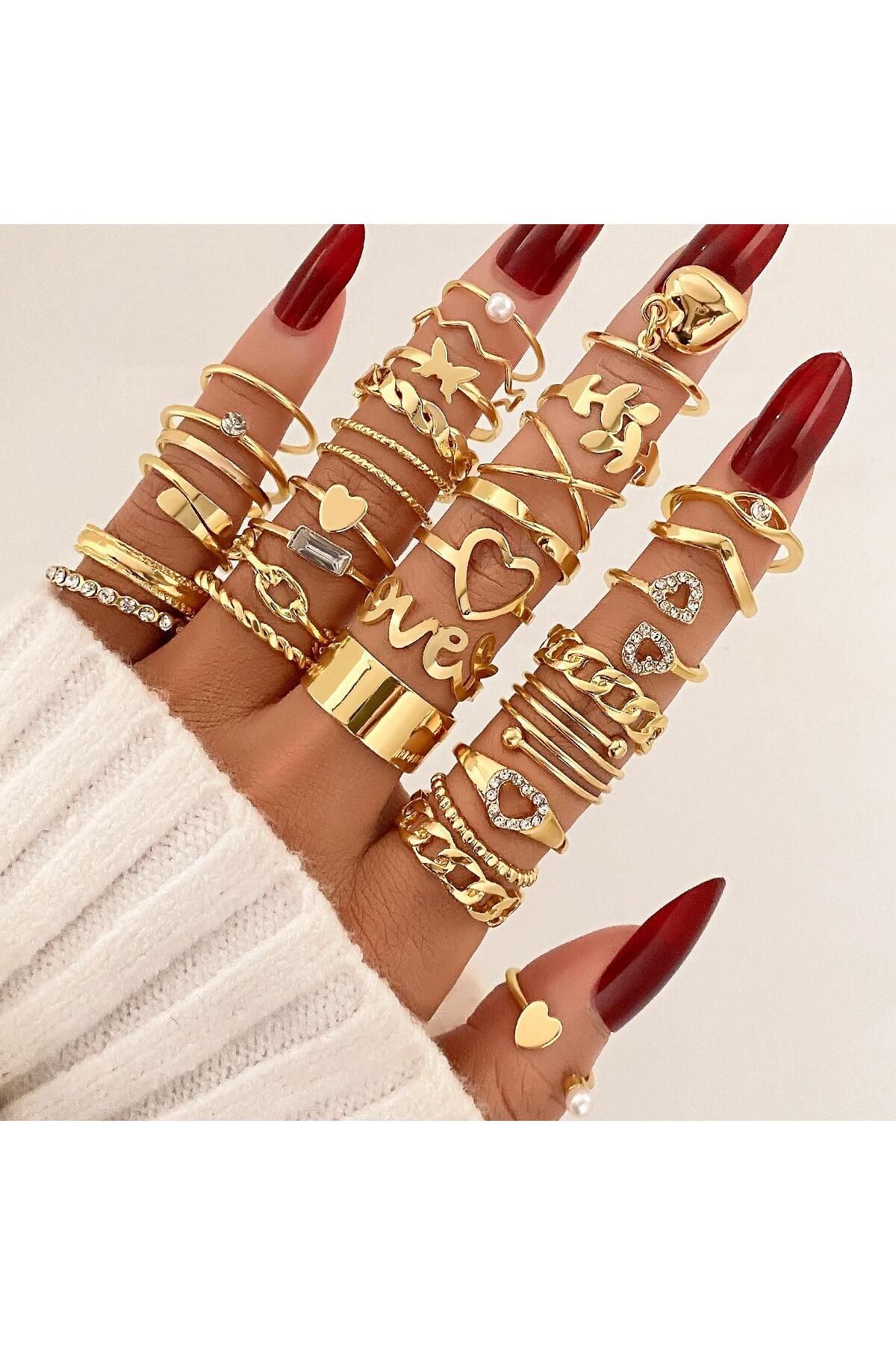 Le Manolia Accessories-30 قطعة خواتم متعددة خواتم مجموعة خواتم مشتركة قابلة للتعديل مجموعة خواتم فراشة القلب Set-037 1