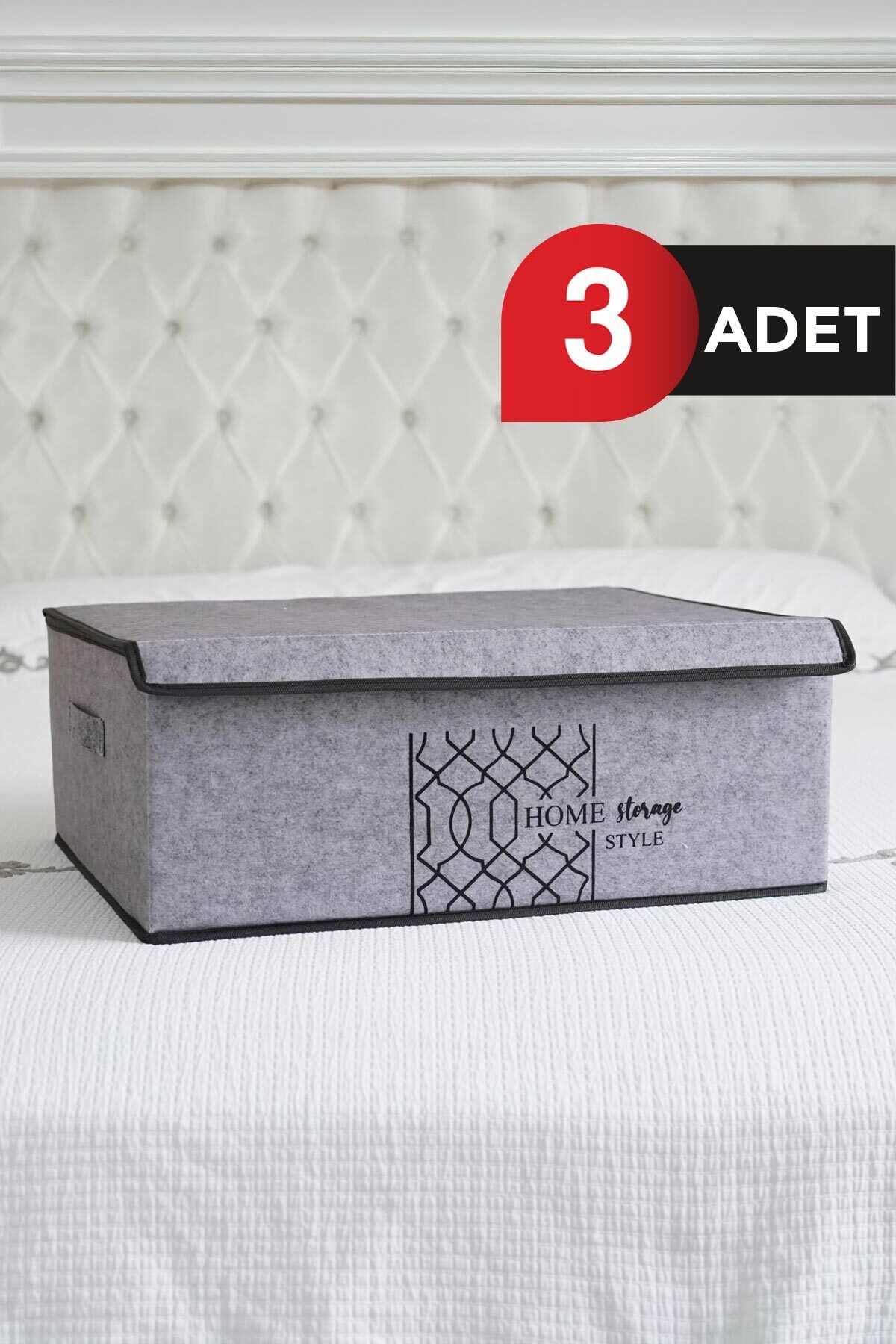 teknotrust Gri Keçe Kapaklı Baza Kutu Seti 3'lü 50x40x19 cm