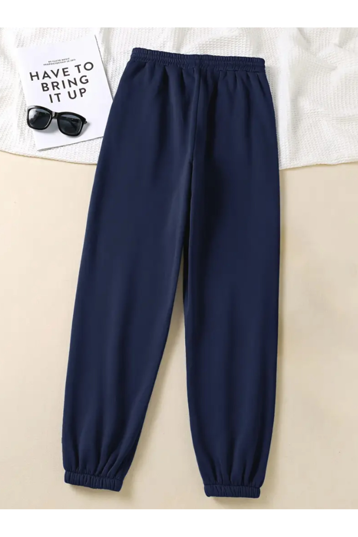 Navy Blue Women's Elastic Hem Casual Casual Versatile Pocket Sweatpants, Machine Washable