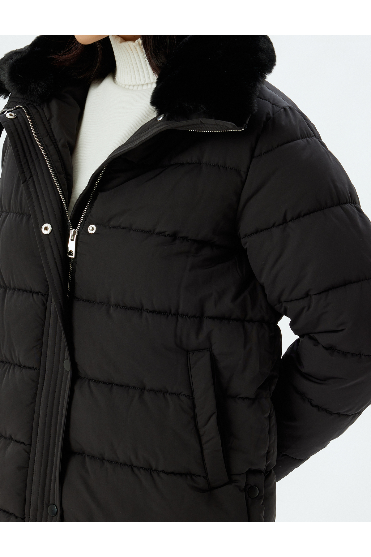 Koton  Yakası Suni Kürklü Şişme Mont Su İtici Kalça Boy Cepli Fermuarlı - Görsel 5