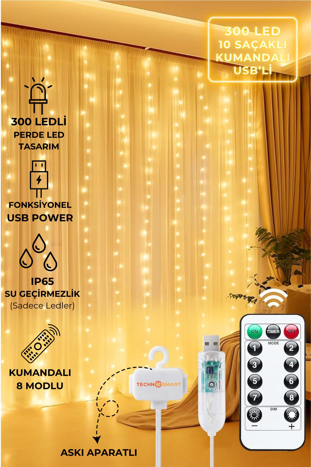 TechnoSmart Peri Telli Perde Led Işık Kumandalı 300 Ledli 3 X 3 Metre Usb'li 8 Animasyonlu Günışığı