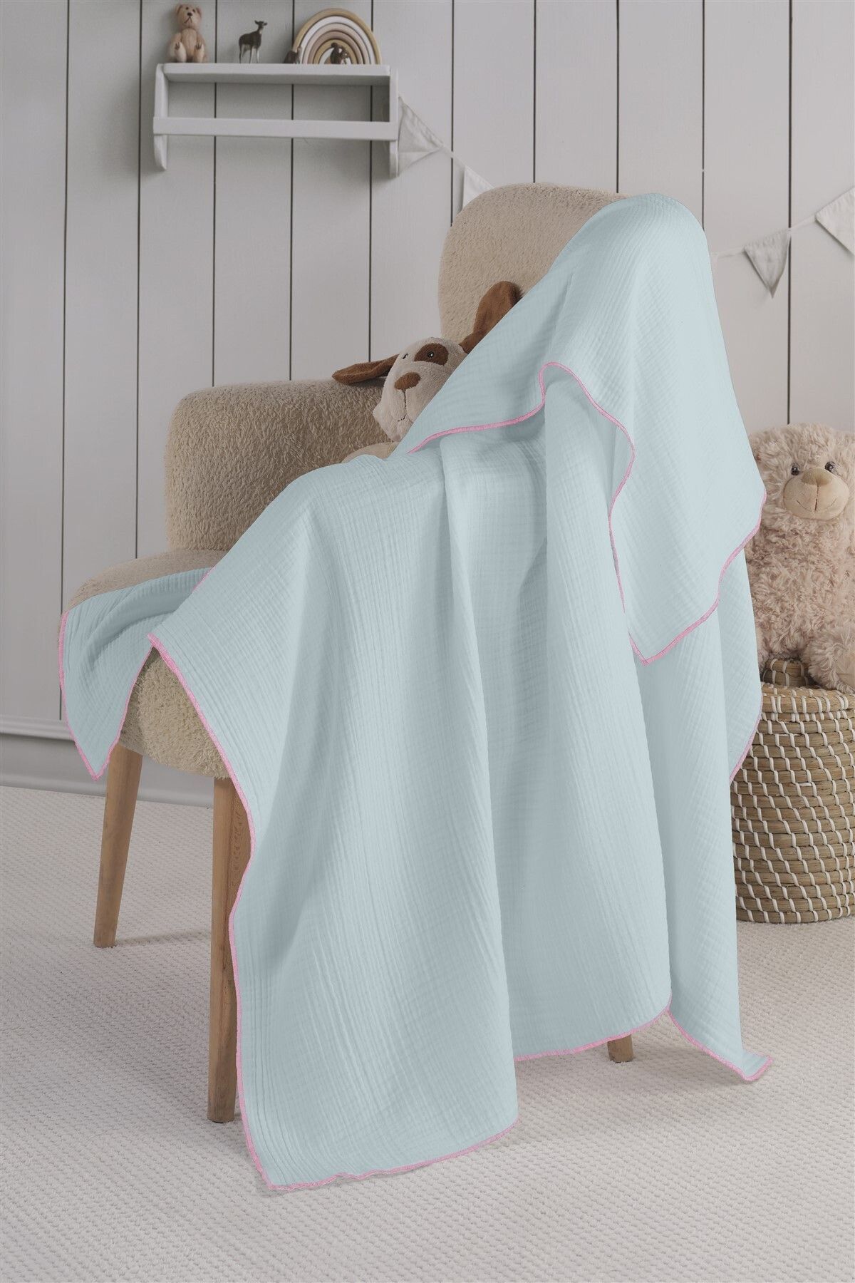 Evim-Organic Cotton Four Layer Muslin Baby Blanket 120X120 cm Light Blue Pink 6