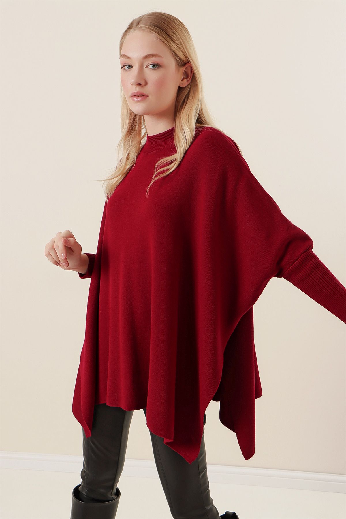 Bigdart-Claret Red Oversize Poncho Sweater - Side Slit 5