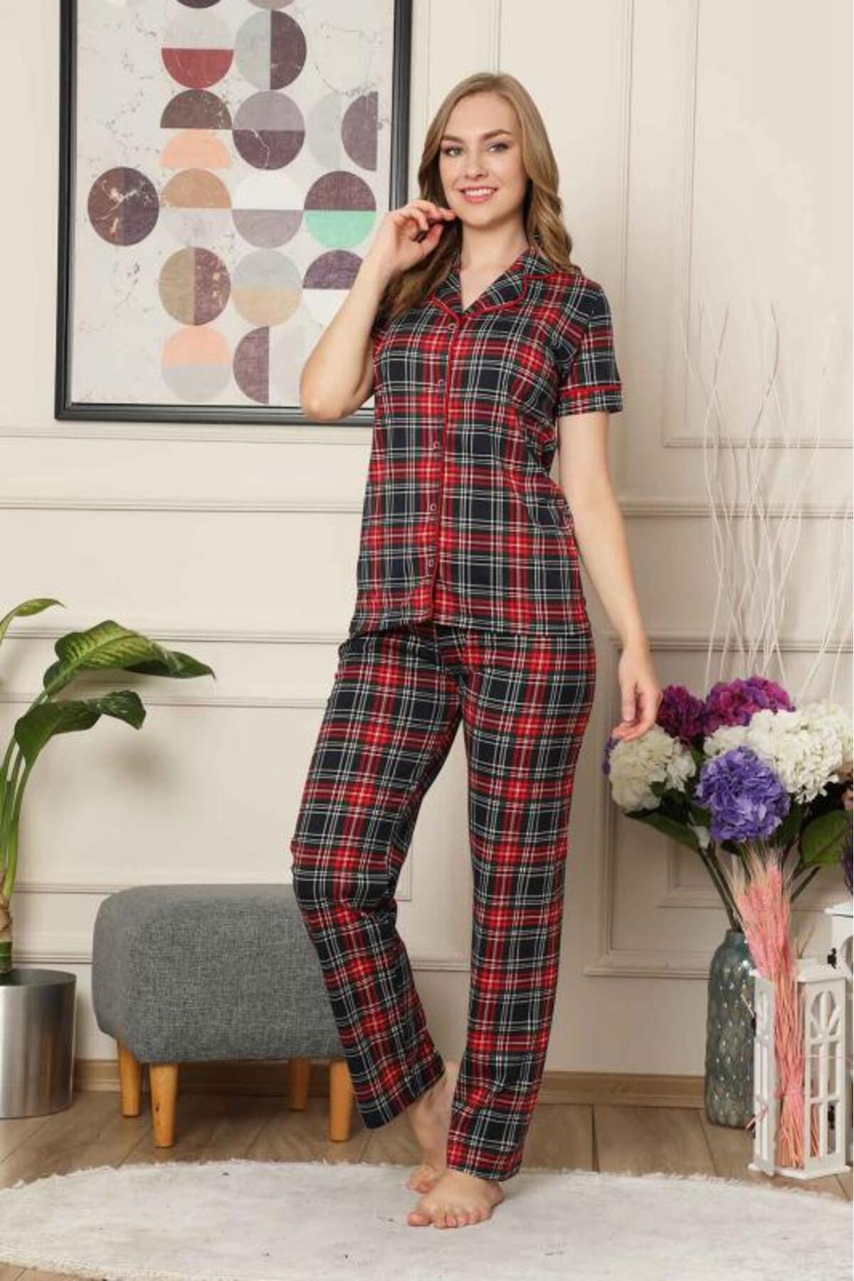 ALİMER-Checkered Front Buttoned Short Sleeve Lycra Viscose Pajama Set 2523Ky 4