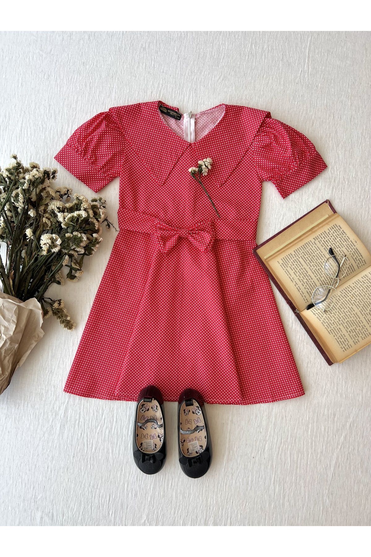KÜÇÜĞÜM BUTİK-Red Polka Dot Collar Girl's Poplin Dress 1