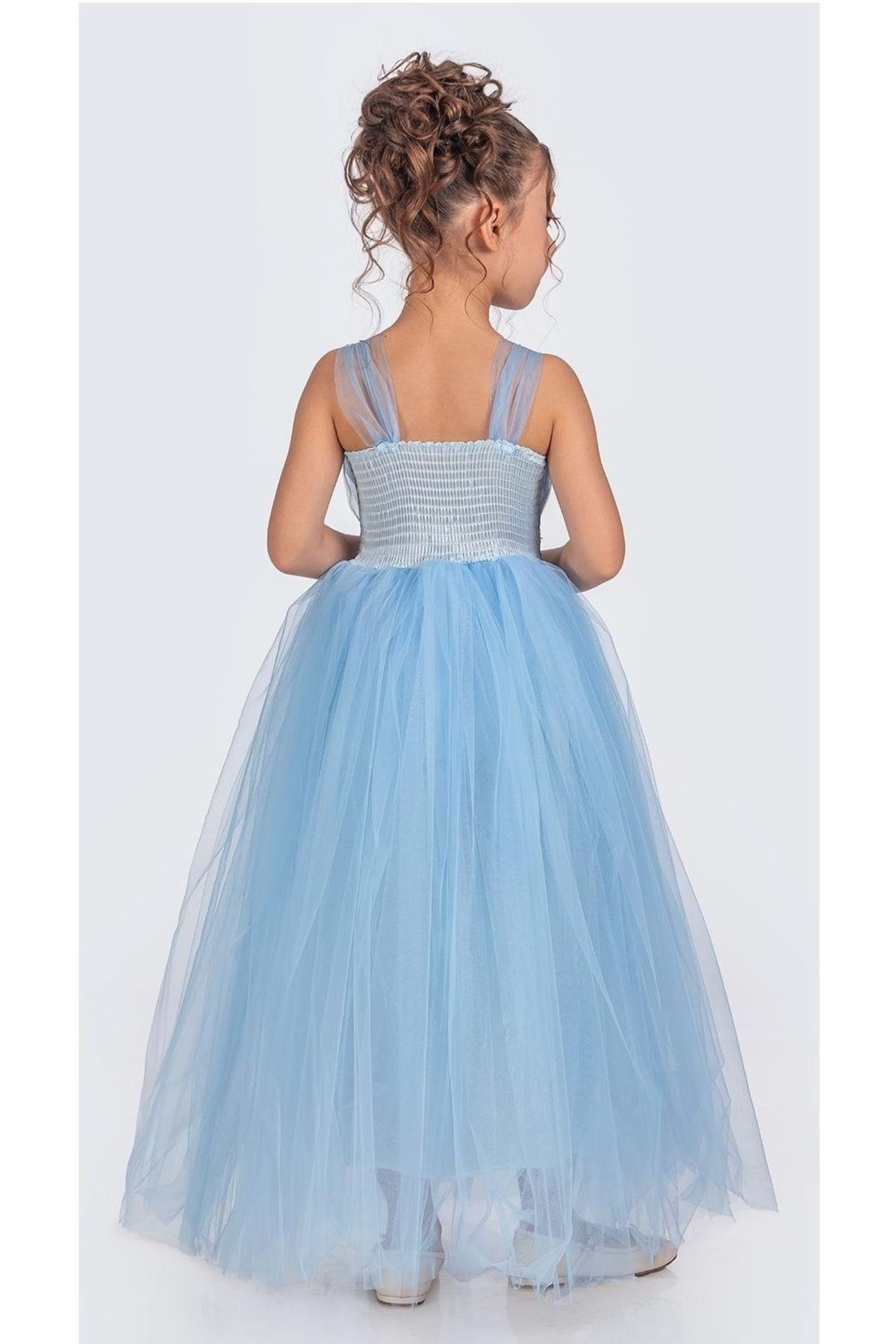 Mnk Sırt Gipeli Tütü Etek Kız Çocuk Saten Parti Abiye Elbise MNK0340 TURKUAZ fotoğrafı 3 (önizleme)