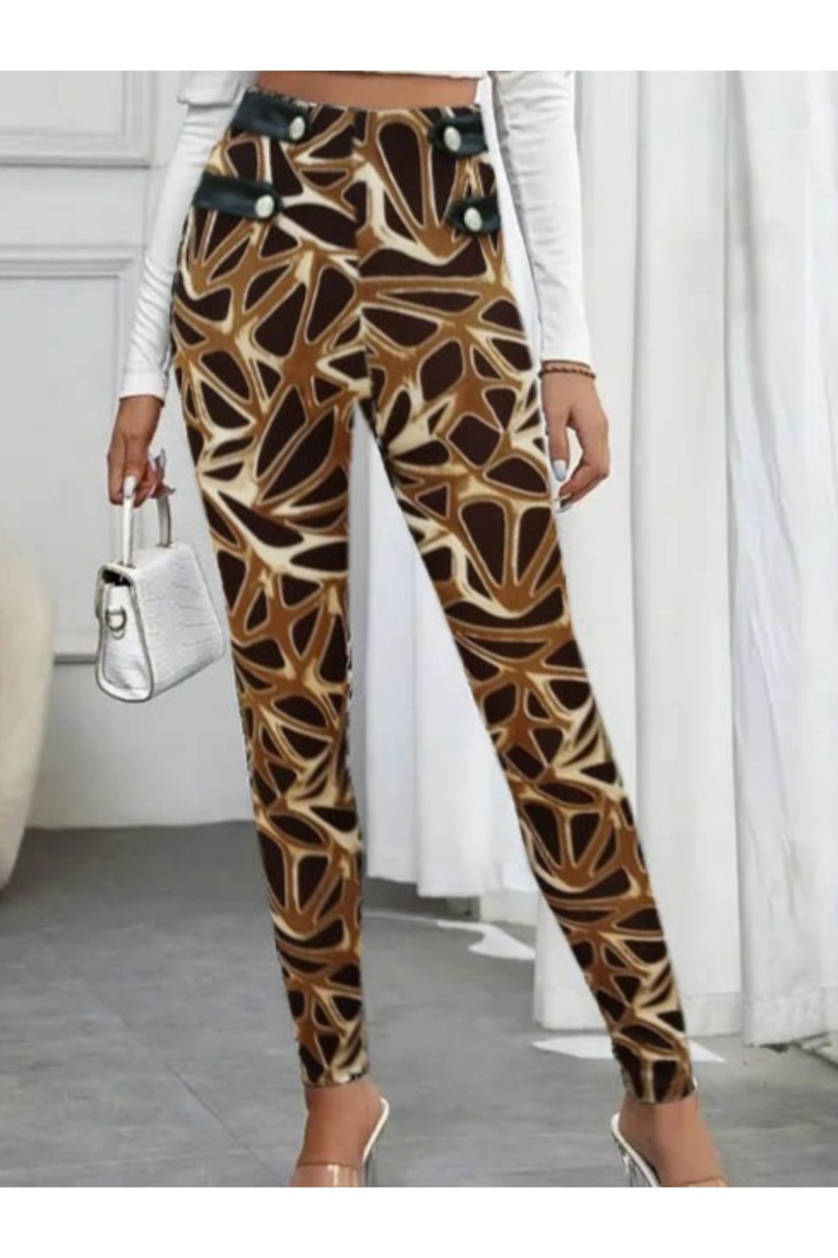 fh fashionhere Kadın Yüksek Bel Kaz Ayağı Desenli Yan şerit Düğme Detaylı Dalgıç Pantolon
