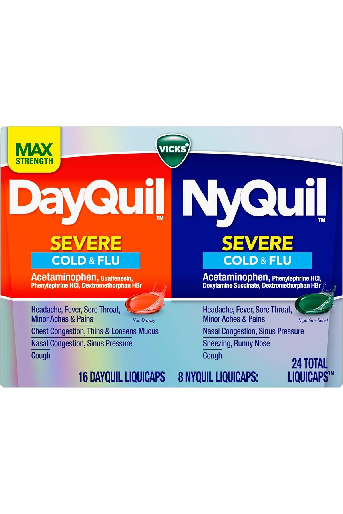 TY Vicks DayQuil & Nyquil Severe Cold, Flu & Congestion Medicine 24 Liquicaps