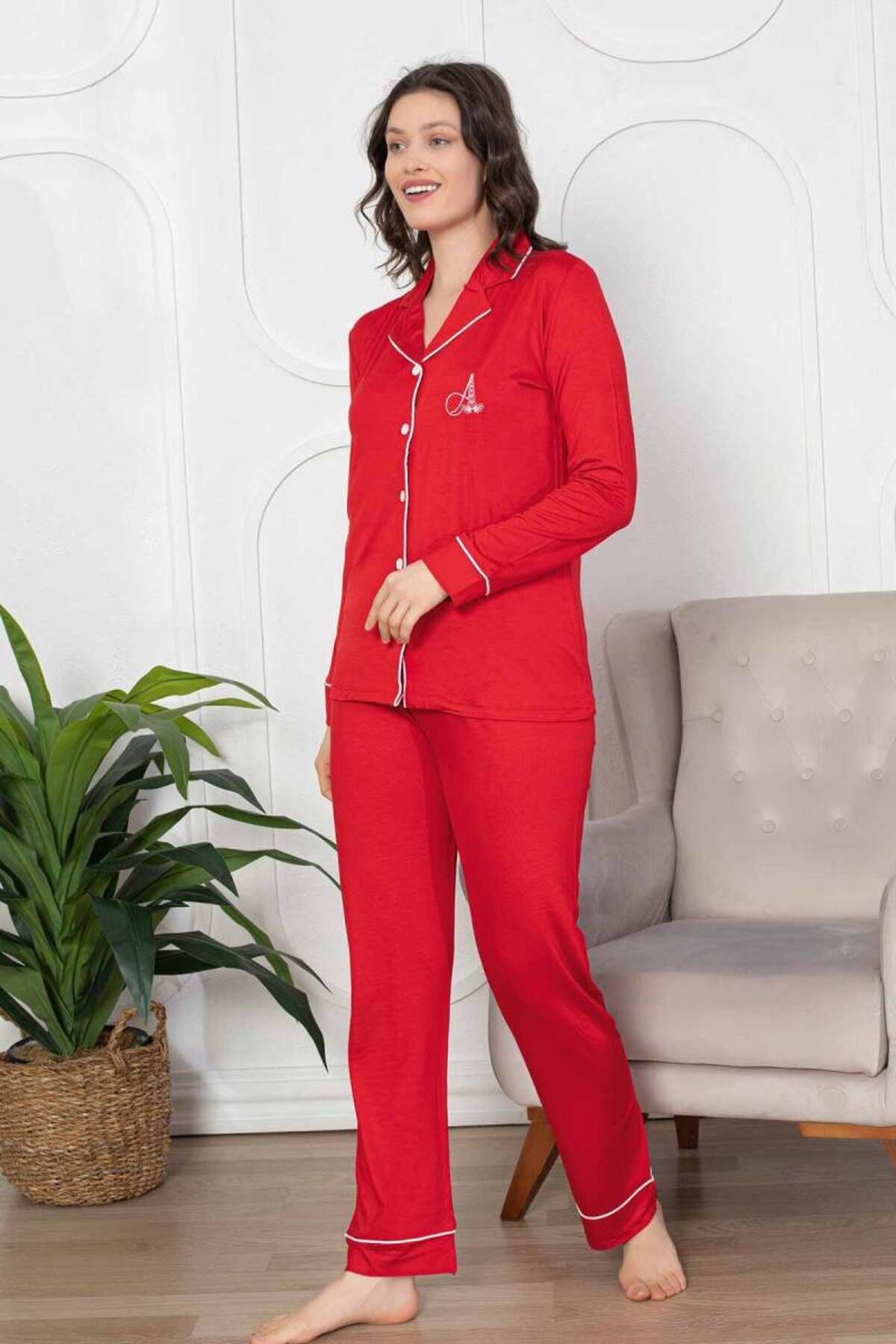 ALİMER-Red Front Button Lycra Pajamas Set 2782Uy 2
