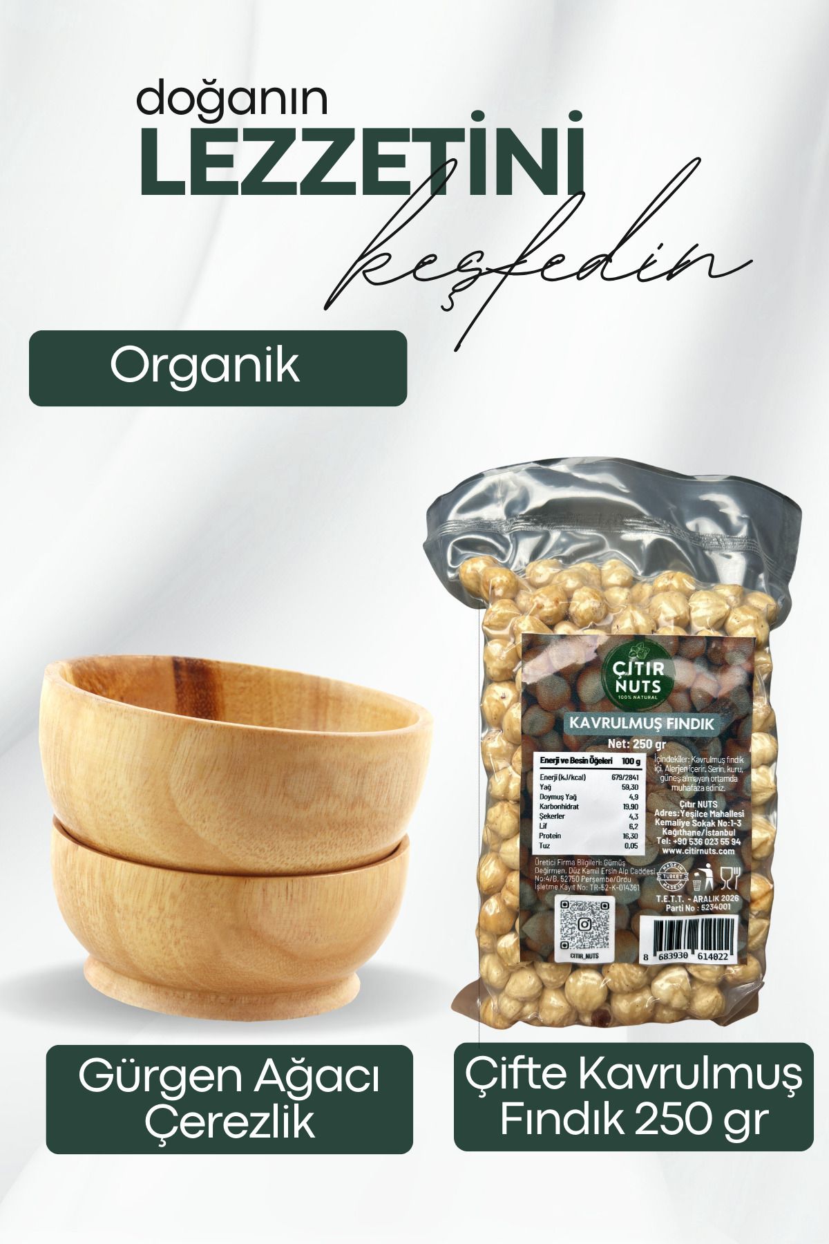 Nuts Çifte Kavrulmuş Fındık 250 gr- Çiğ İç Fındık 250- Gürgen Ağacı Çerezlik Takımı