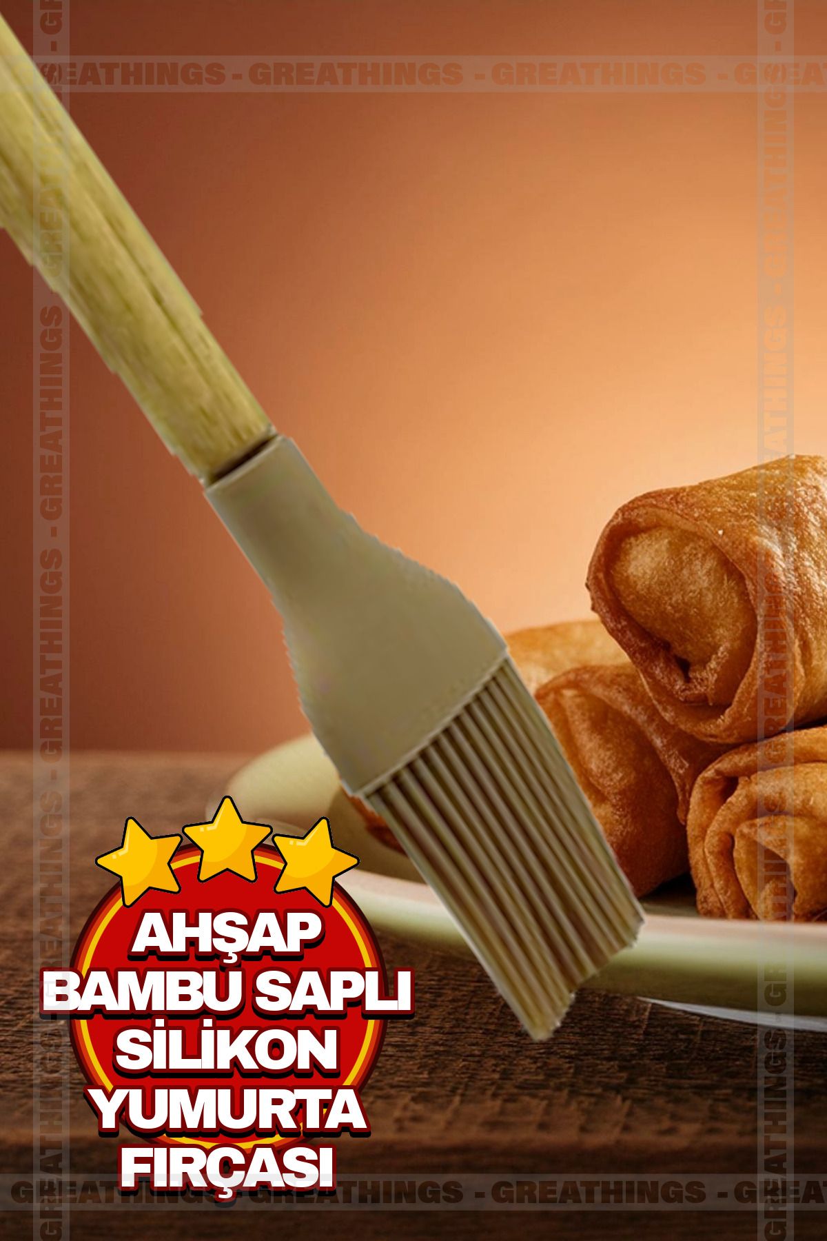 Greathings Ahşap Bambu Saplı Kahverengi Silikon Kılıflı Portatif Yumurta Fırçası