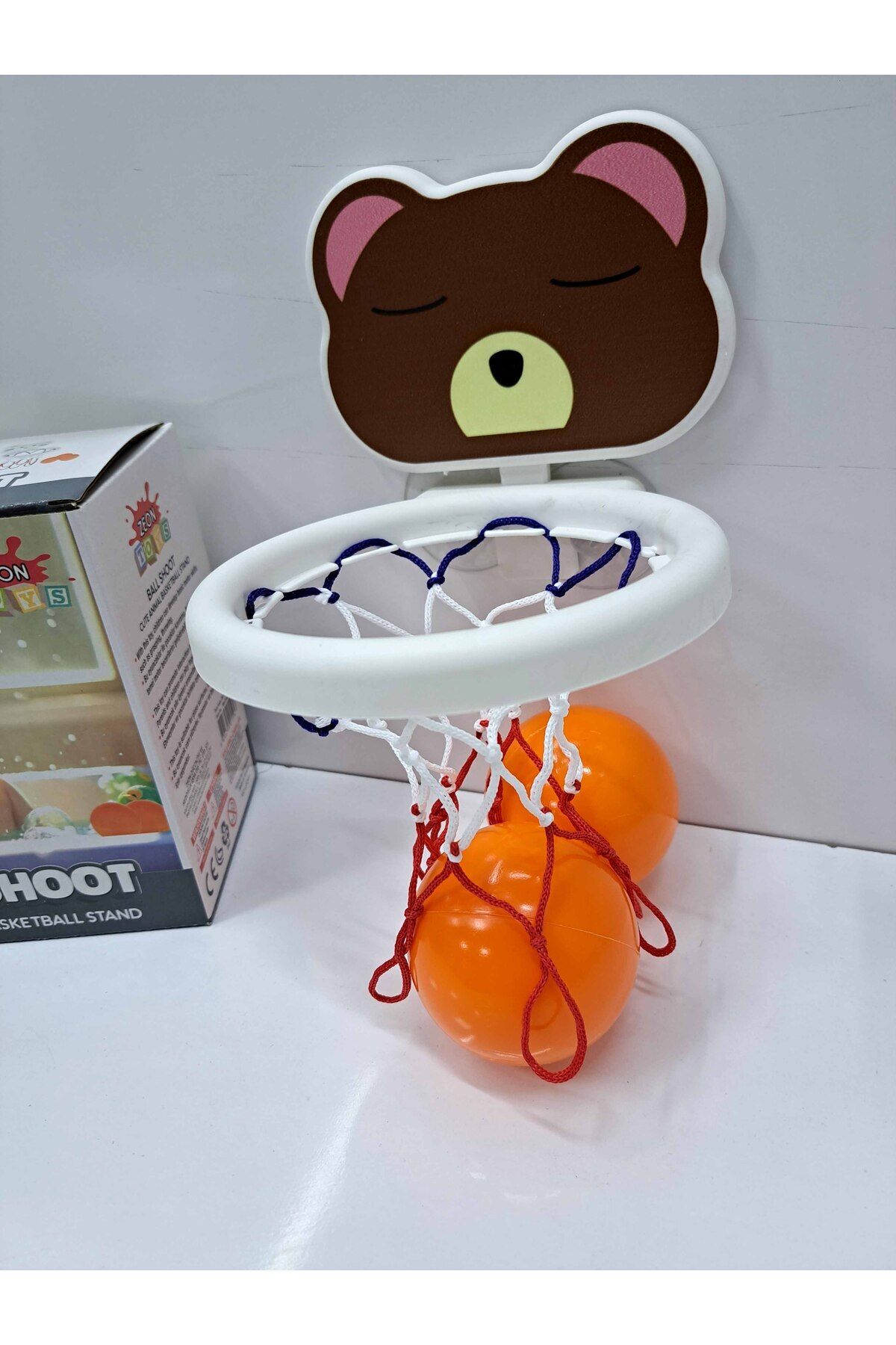 FEN TOYS Baket potası Bebek Banyo Oyuncakları Vantuzlu 2 top resimli fileli Bebek banyo oyuncağı 16x15cm