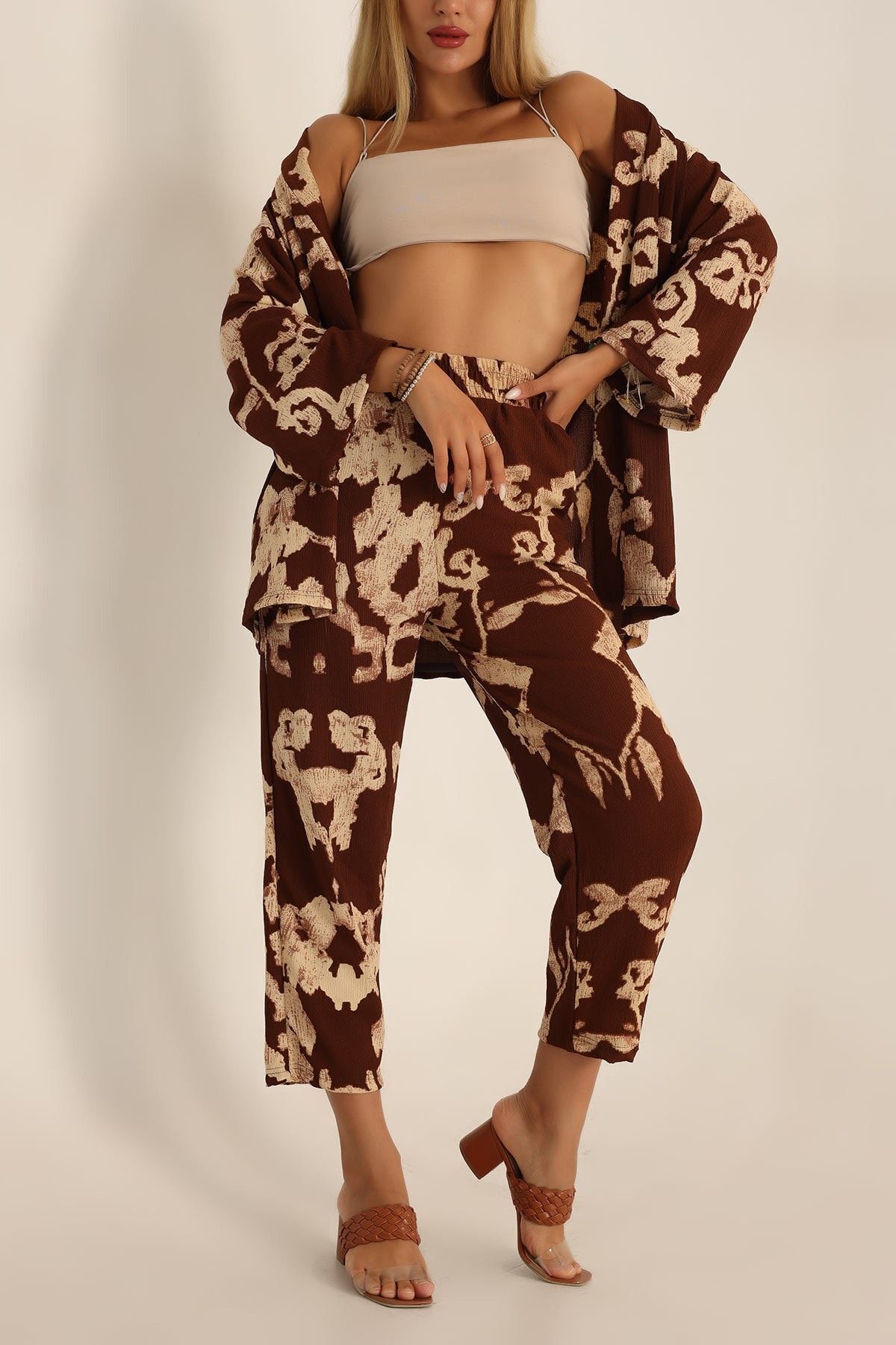 rşnmoda Kadın Kahve Desenli Kimono alt üst takım