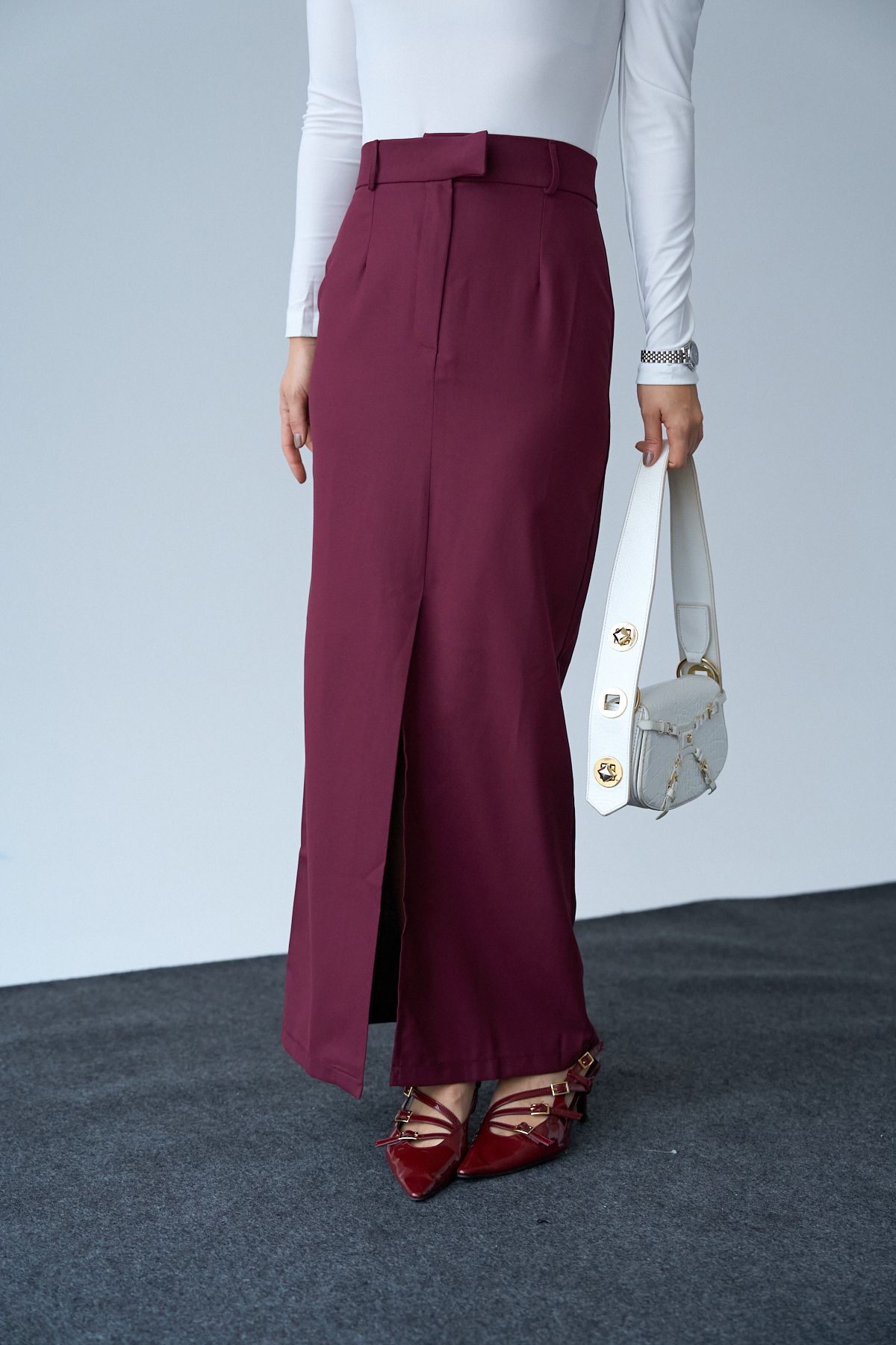 LOOSH-Women's Burgundy Front Slit Maxi Skirt 6