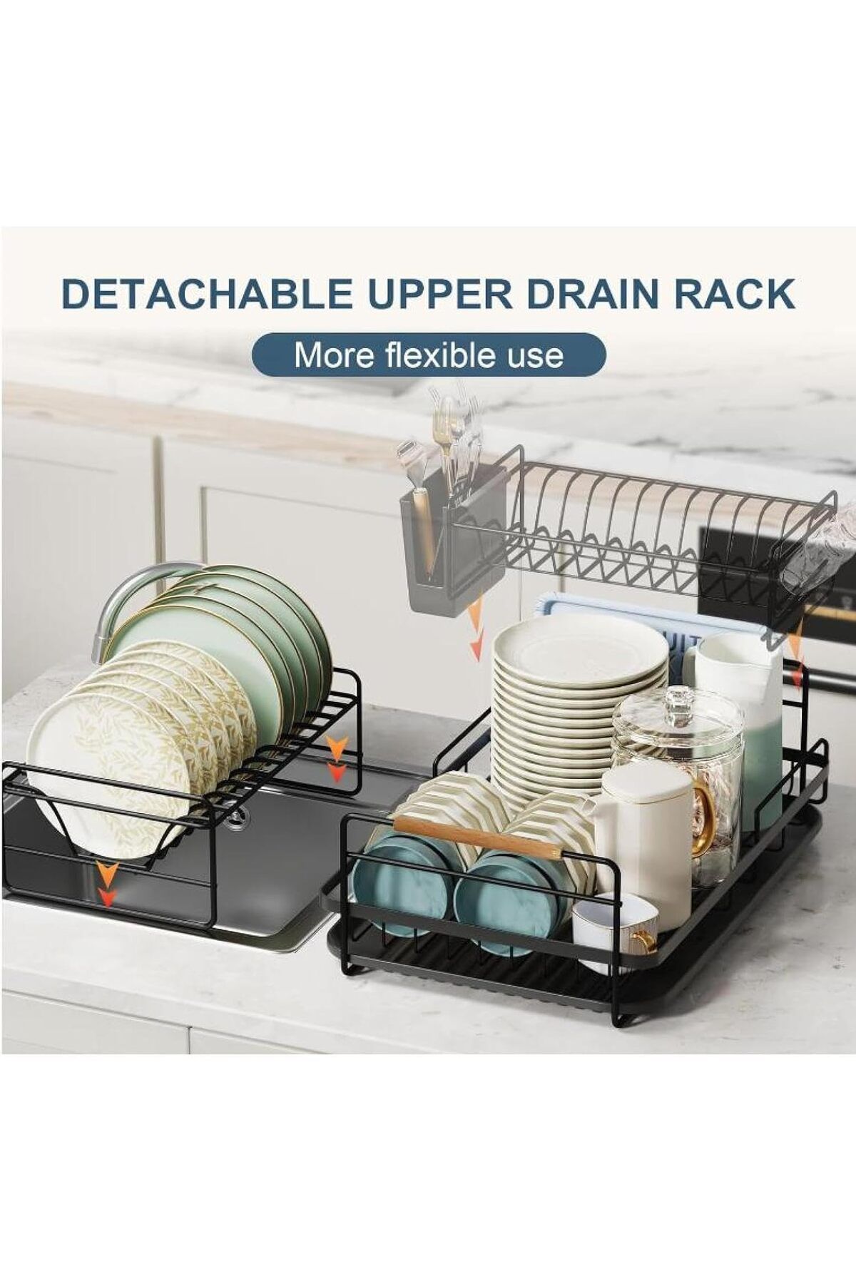 Arabest-Detachable 2 Tier Dish Drying Rack, Dish Drainer Rack, Drip Tray Utensil Holder for Kitchen 5