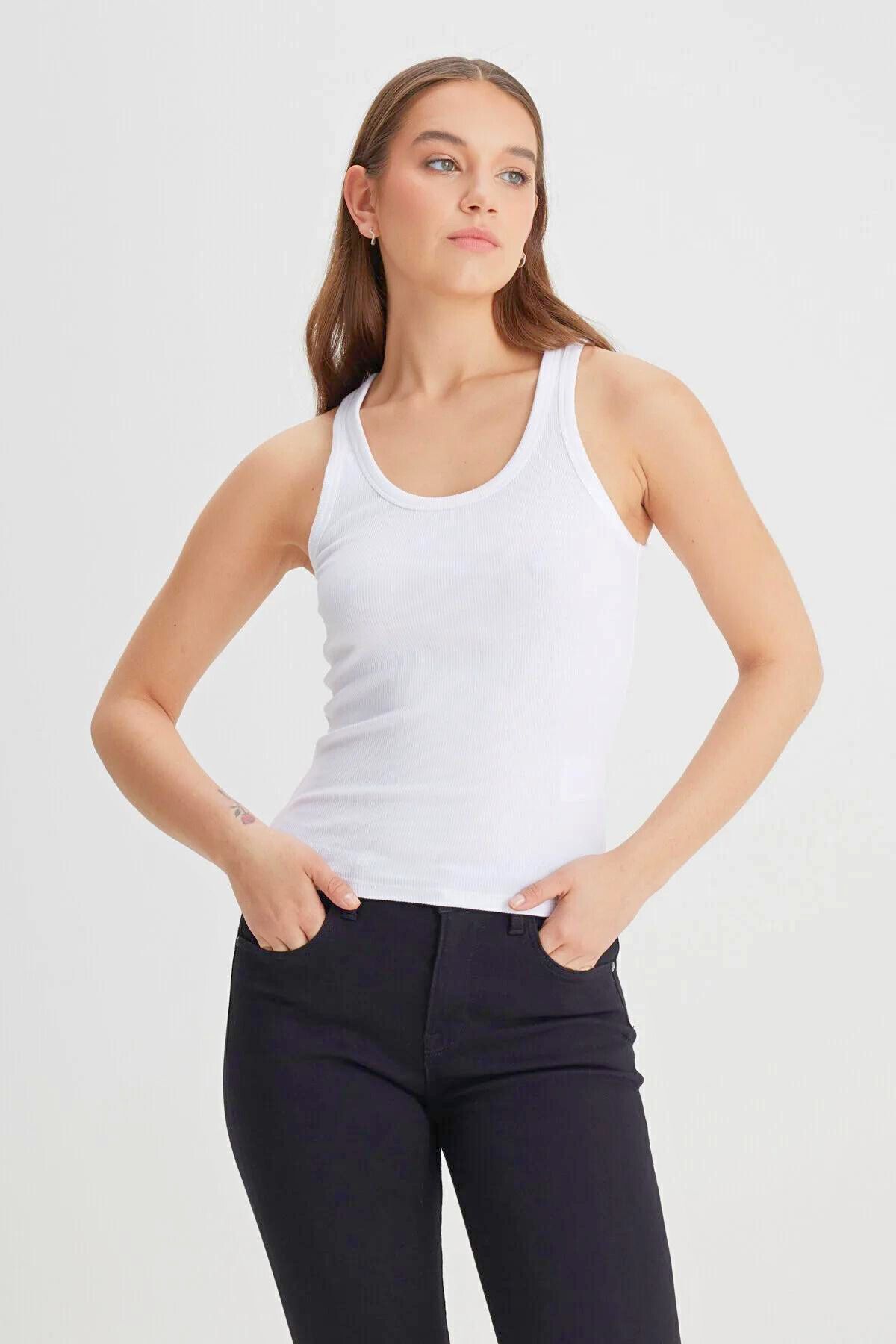 rşnmoda Kadın Fitilli Görünümlü Kalın Askılı Basic Beyaz Atlet