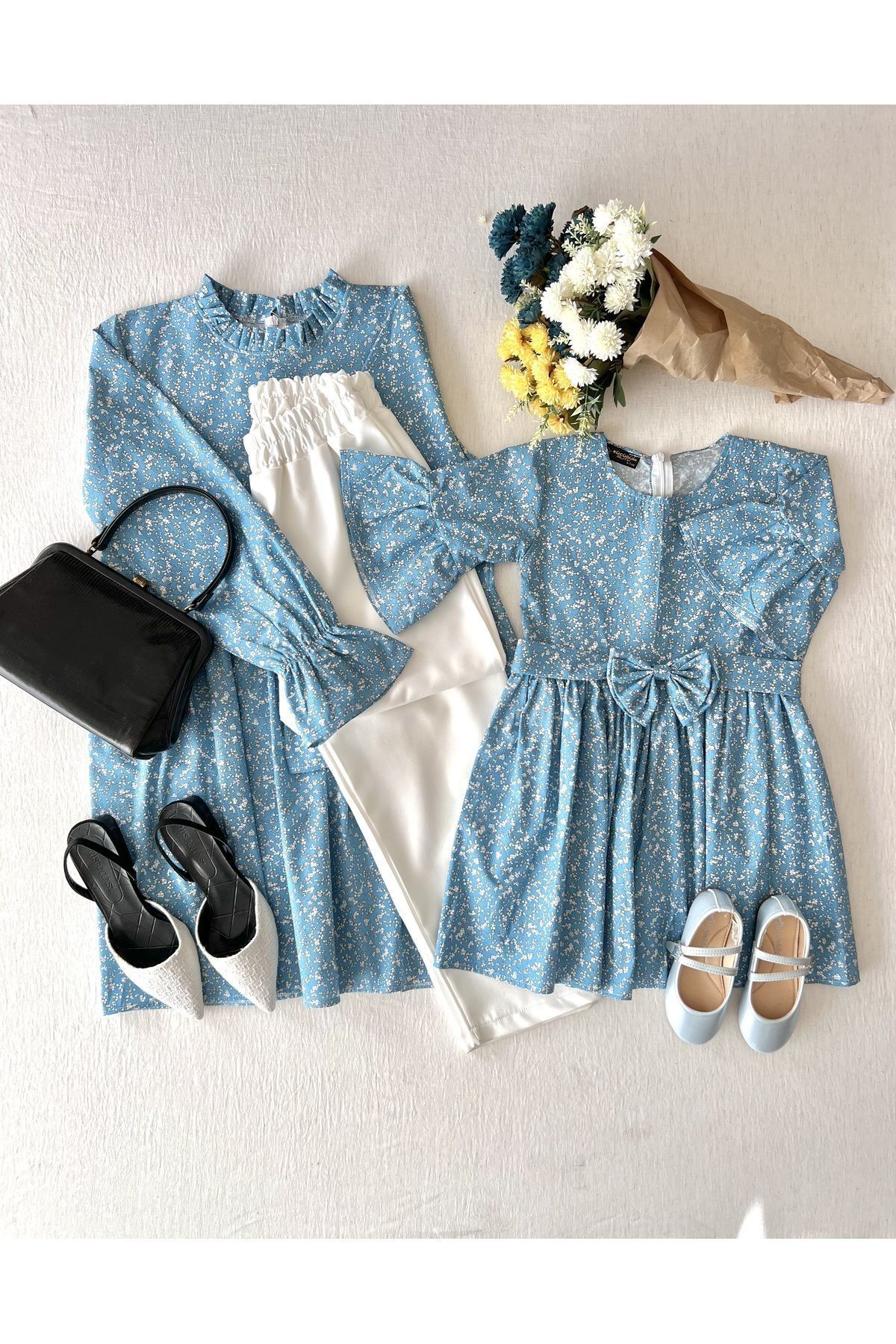 KÜÇÜĞÜM BUTİK-Blue Poplin Tunic and Blue Poplin Girl's Dress (One for Sale) 1