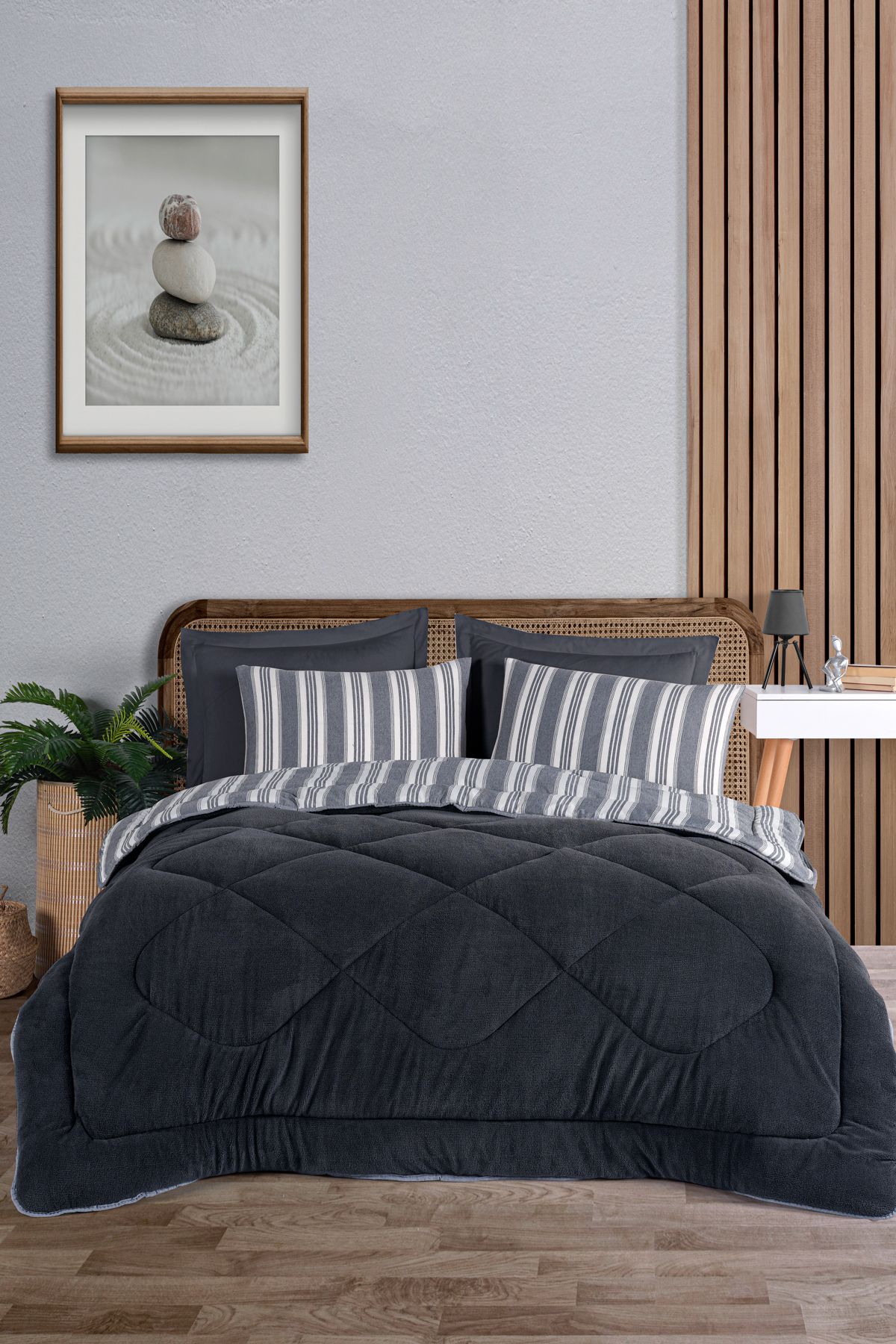 Eponj Home Çift Kişilik Comfort Set Yeni Nesil Wellsoft Yorganlı 3 Parça Soft Line Antrasit