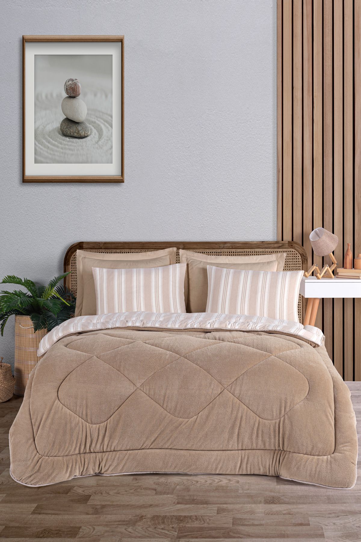 Eponj Home Çift Kişilik Comfort Set Yeni Nesil Wellsoft Yorganlı 3 Parça Soft Line Bej